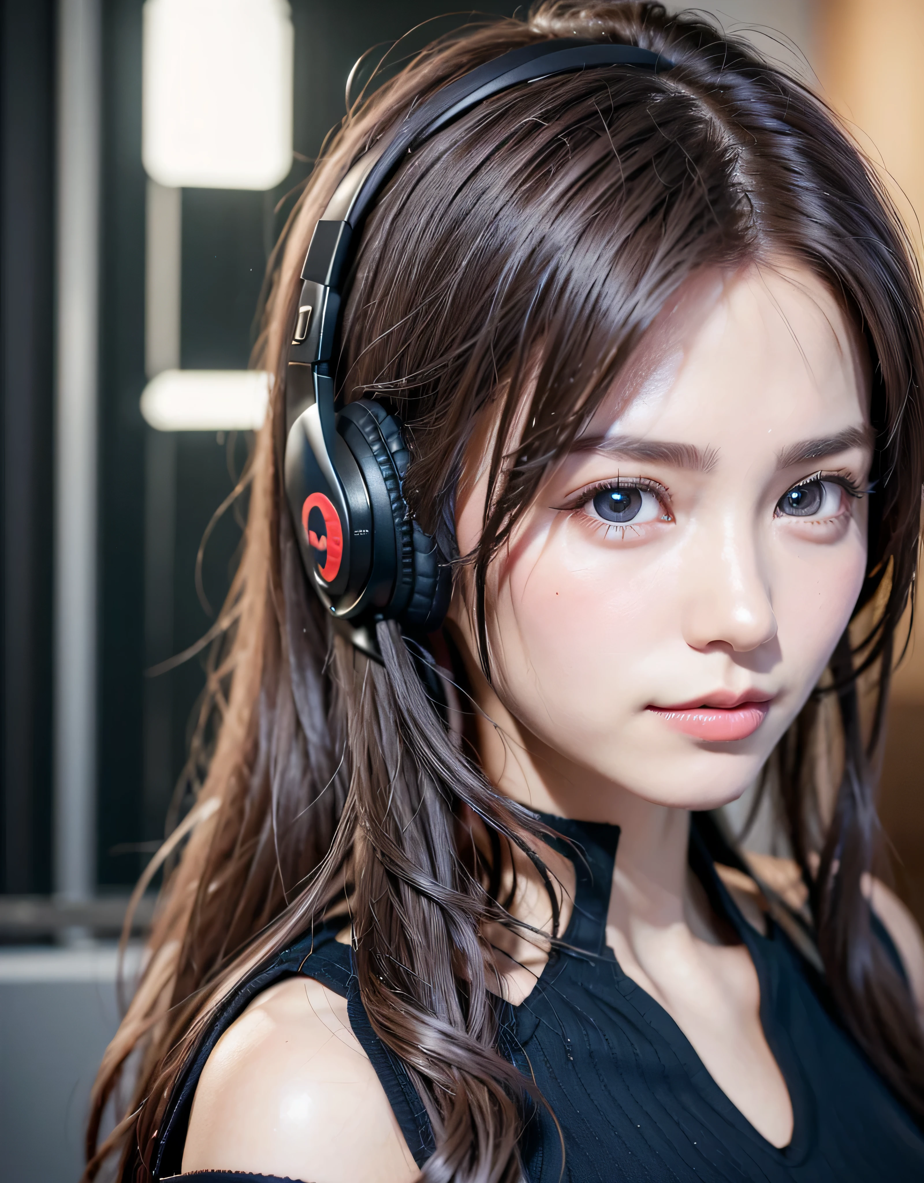 highest quality、8K masterpiece、超A high resolution、(Photoreal:1.3)、RAW photo、1 girl、silver hair、braided twin tails、glowing skin、1 Super Beautiful College Girl、((Ultra realistic details))、portrait、global illumination、Shadow、octane rendering、8k、super sharp、very intricate details、realistic light、Trends in CG society、beautiful eyes、blue shining eyes、towards the camera、(medium sized upturned bust)、headset、(Sheer tight bodysuit, transparent latex material)、headset、cyberpunk interior,