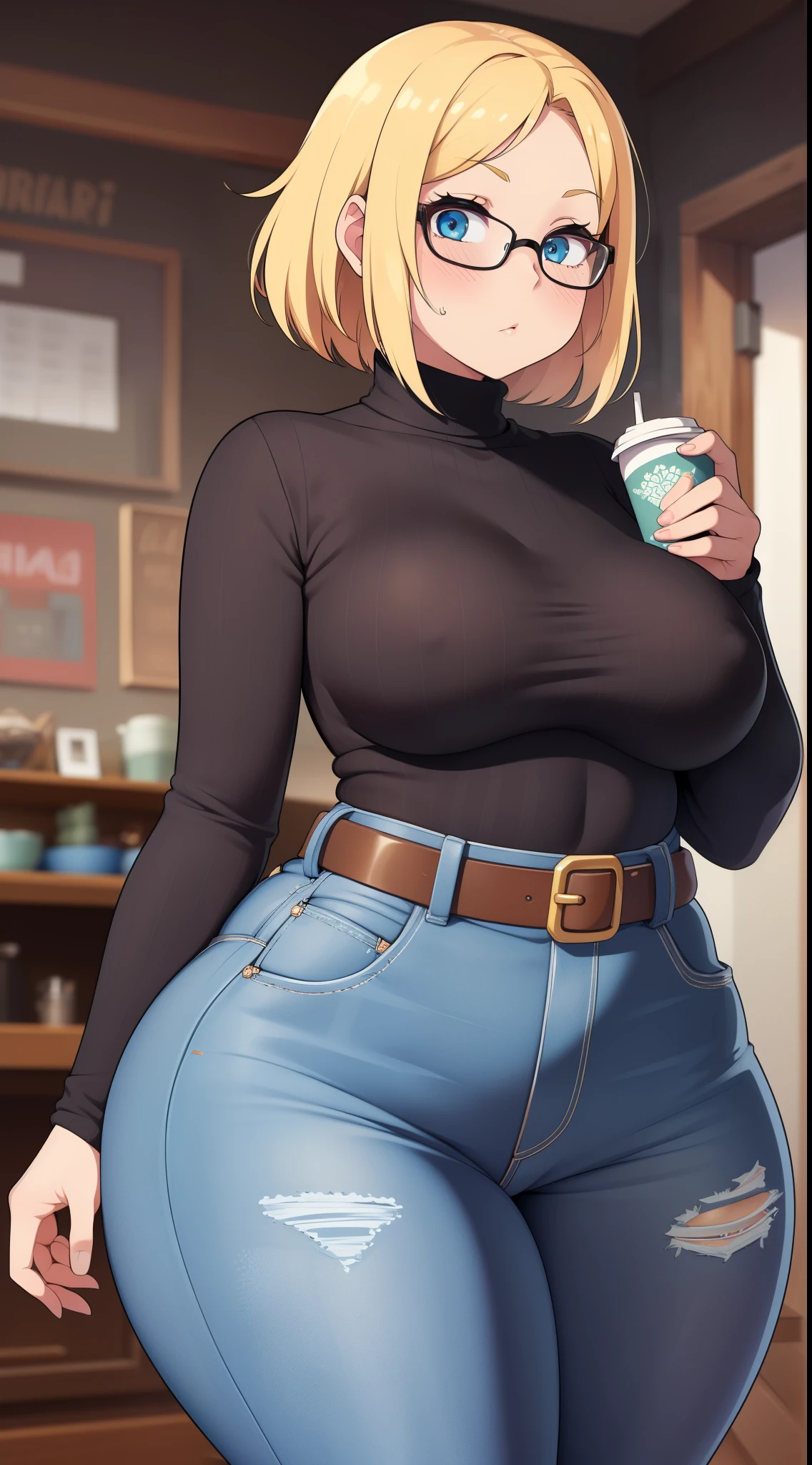 ((Masterpiece)), perfect anatomy, perfect shading, field of depth, (best quality), extremely delicate and beautiful, perfect lighting, detailed face, ultra cute face, cute, (cowboy shot 1.2), full body, (((1girl))), ((solo)), looking at viewer,
short hair, fluffy hair, blonde hair, blue eyes, Glasses, ((Blush)), shy, nervous, (black turtleneck sweater 1.5), (jeans 1.2), belt, extremely tight clothes, medium breasts, ((wide hips)), ((thick thighs)), ((chubby)),
coffee shop, intricate background, detailed background,
