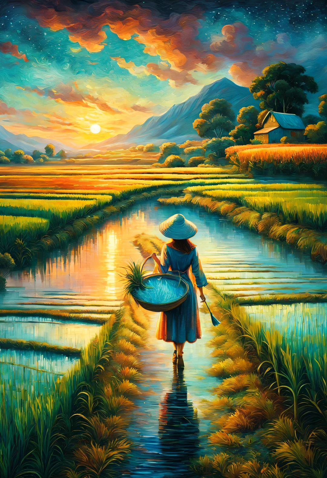 Dan Mumford style,best quality, 8k, high quality, masterpiece: 1.2, Ultra-fine, realism: 1.37, double contact,partial reflection,girl planting rice, Endless rice fields and, path,blue sky, dreamy atmosphere, pastel color palette, Vibrant shades, Impressionist brushstrokes, Subtle lighting effects, sunset on the horizon, nature and sky, textured brushstrokes, Crops are abundant、Vibrant, dusk atmosphere, Peaceful idyllic scenery, Shining stars light up the night, create tranquility、Picturesque setting, Be inspired by Van Gogh's style and technique. Sublime and atmospheric depiction, ethereal beauty, Fascinating celestial phenomenon,