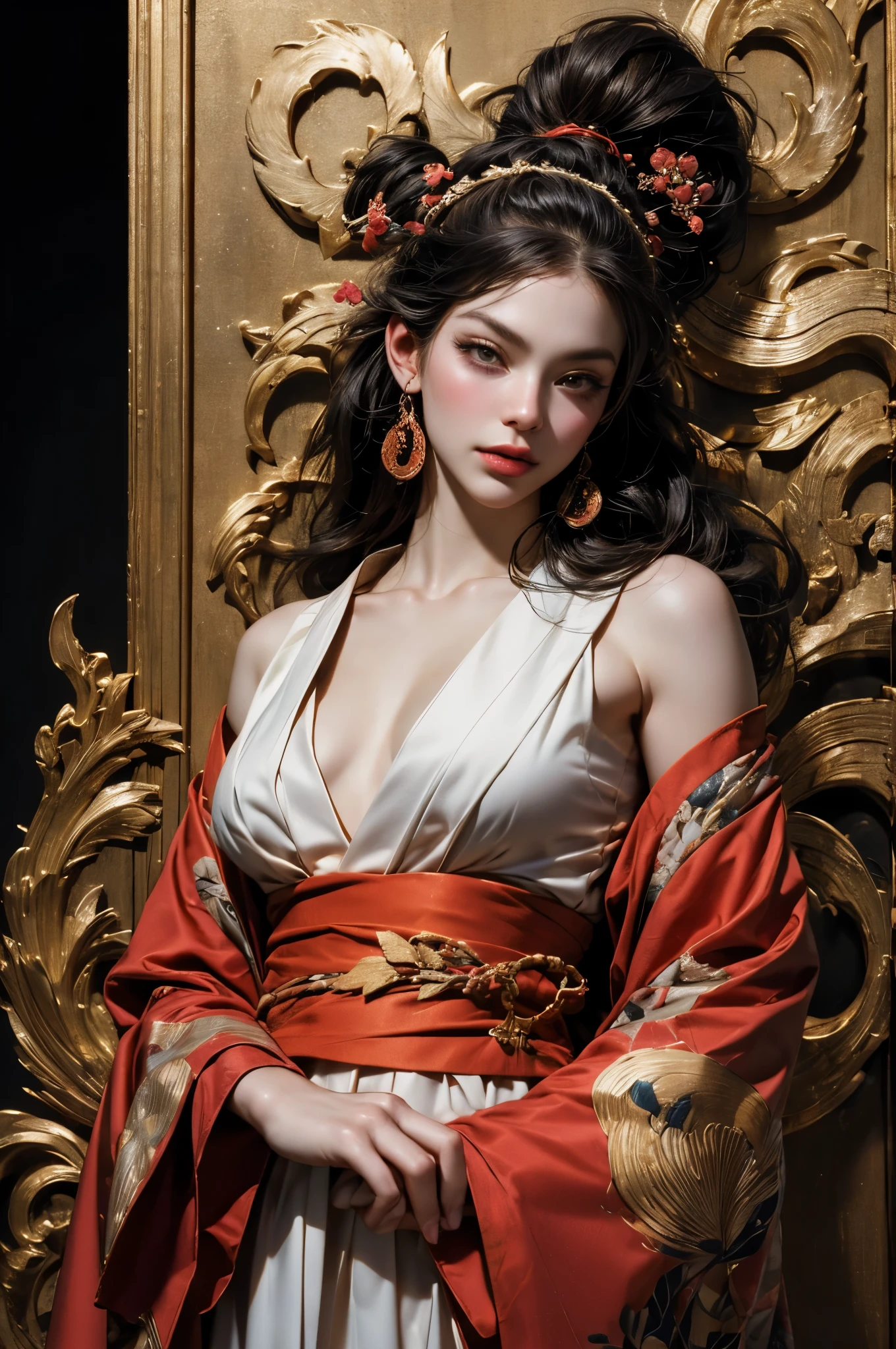 Umalinda warrior sexy, pretty face, Delicious Company, Alluring figure, Wearing a sexy open kimono. The artwork is created in a medium reminiscent of Japanese ink paintings....., 具有大胆的笔触和Monochromatic color palette. artist'Masterful technique reveals the intensity and power of the image'sense of presence,with the highest quality, Perfectly capture every detail with ultra-high resolution. Textures and intricate patterns on kimonos are rendered with extreme precision. Lighting is carefully designed,Enhance drama, Features deep shadows and subtle highlights. General, The artwork exudes elegance and power, Combining traditional Japanese aesthetics with a modern feel. Monochromatic color palette, Combine details, Create captivating and immersive experiences for your audience.
