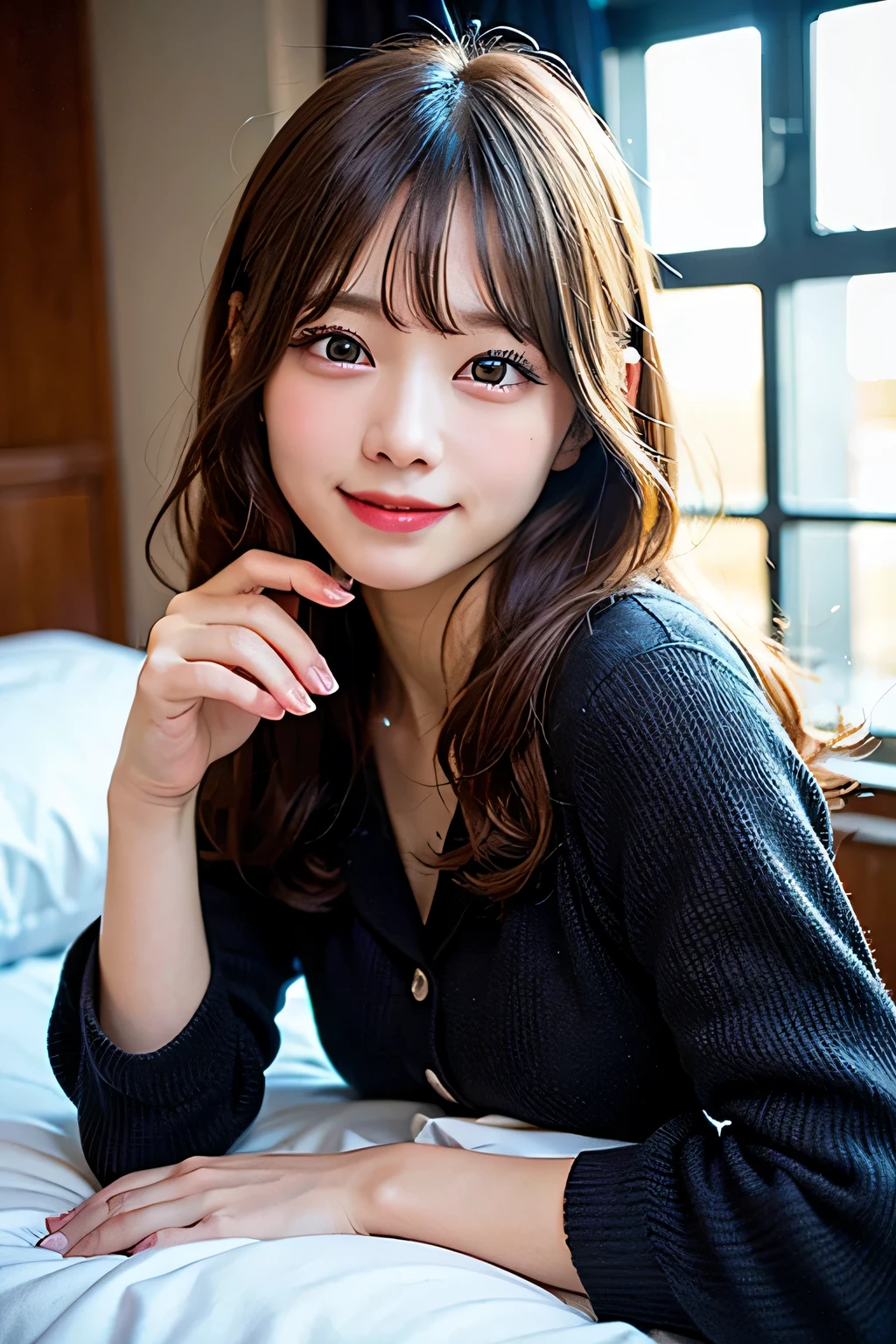 (8k, RAW photo:1.2)detailed face and eyes,最high quality, 超A high resolution, very detailed ,intricate details , Bedroom, black pajamas、pretty girl , soft light like a movie, hyper detail,sharp focus, high quality, dripping from,smile、