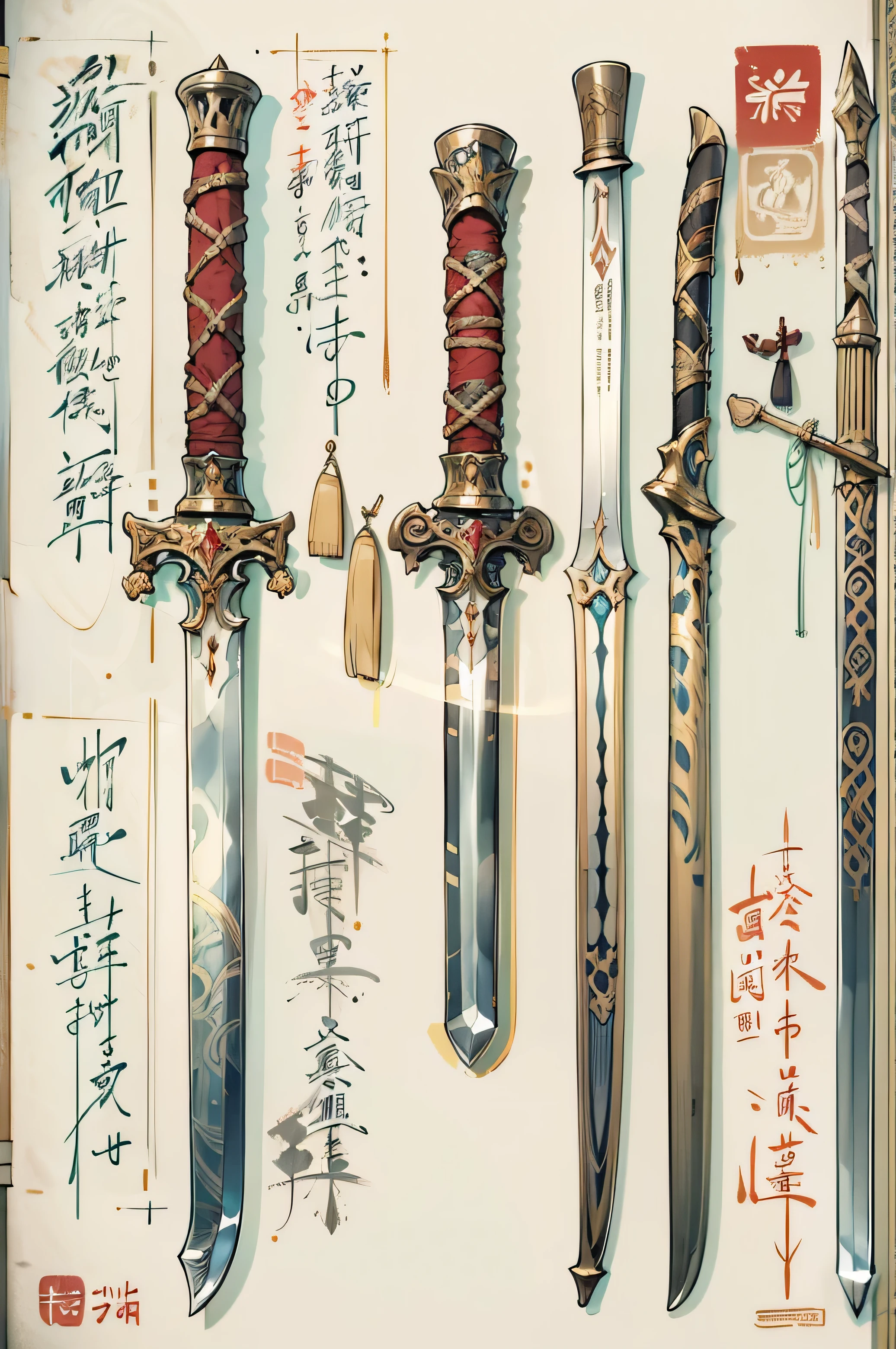 (((best quality))), (((masterpiece))), Chinese ancient weapons to be included in weapons encyclopedia, Waldo, Large ambidextrous knife, picture book, white background, 2 heavy swords