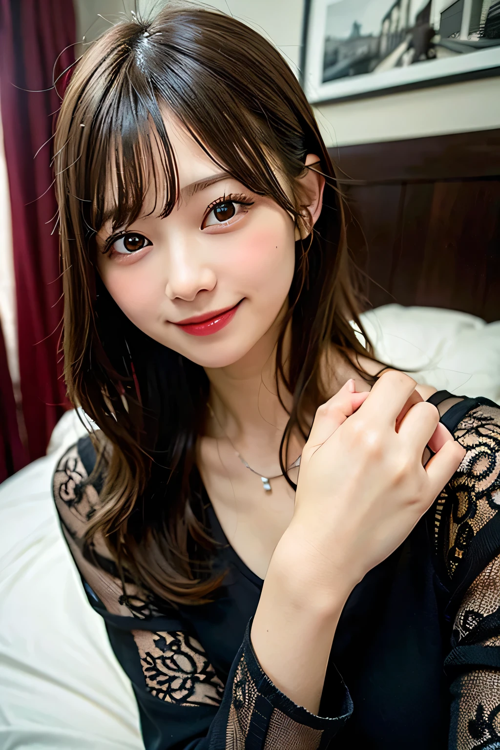 (8k, RAW photo:1.2)detailed face and eyes,最high quality, 超A high resolution, very detailed ,intricate details , Bedroom, black pajamas、pretty girl , soft light like a movie, hyper detail,sharp focus, high quality, dripping from,smile、
