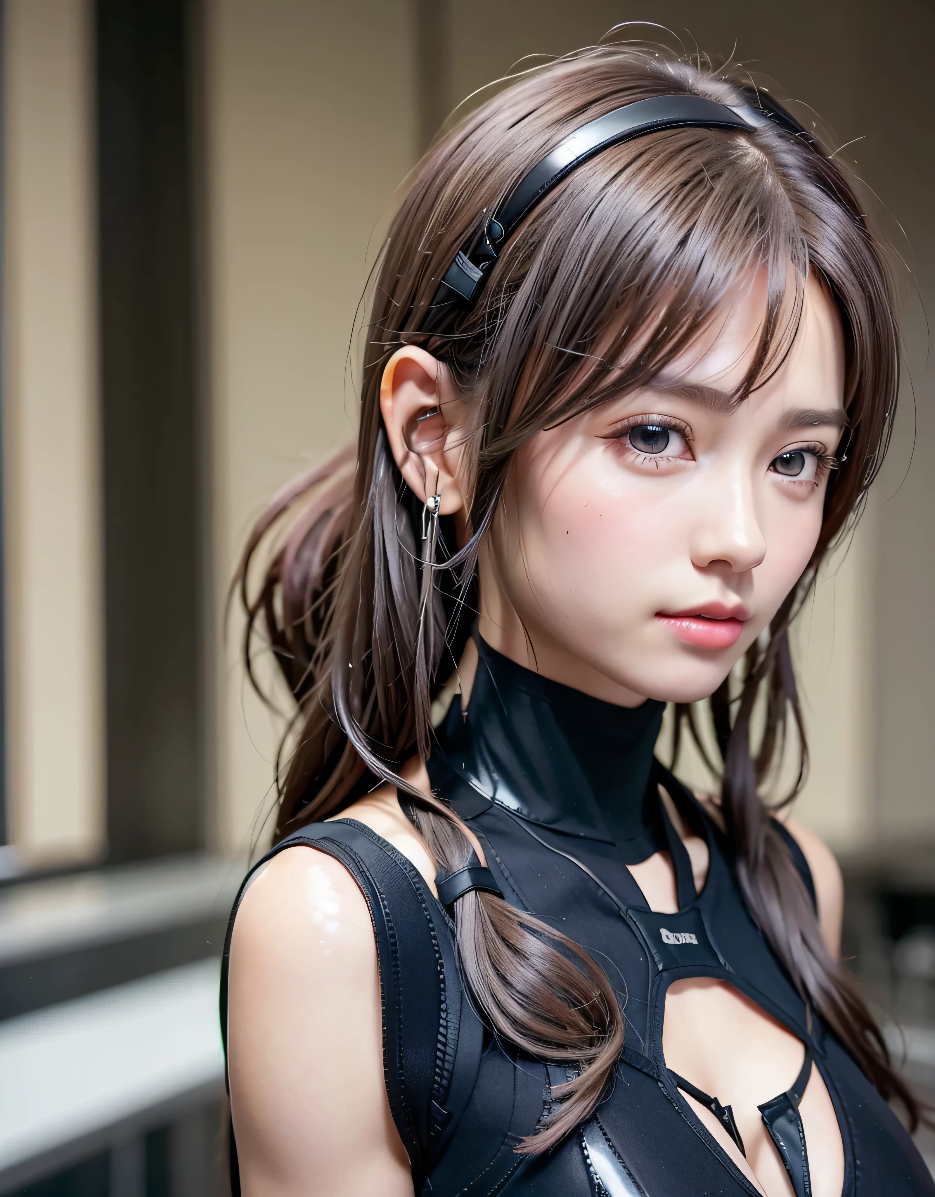 highest quality、8K masterpiece、超A high resolution、(Photoreal:1.3)、RAW photo、1 girl、silver hair、(braided twin tails)、glowing skin、1 Super Beautiful College Girl、((Ultra realistic details))、portrait、global illumination、Shadow、octane rendering、8k、super sharp、very intricate details、realistic light、Trends in CG society、beautiful eyes、blue shining eyes、towards the camera、(medium sized upturned bust:1.4)、headset、(((Sheer tight bodysuit, transparent latex material:1.4)))、headset、cyberpunk interior,