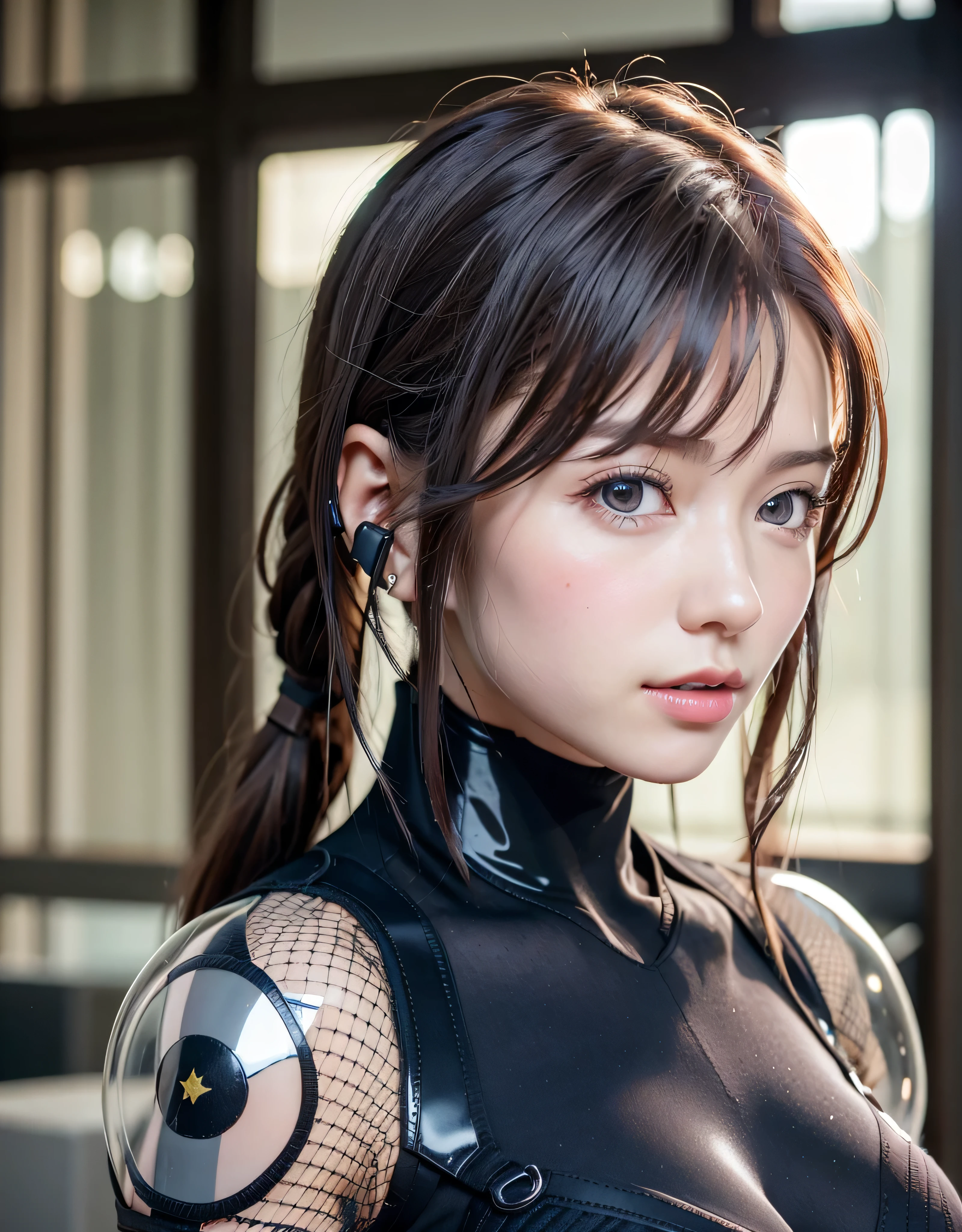 highest quality、8K masterpiece、超A high resolution、(Photoreal:1.3)、RAW photo、1 girl、silver hair、(braided twin tails)、glowing skin、1 Super Beautiful College Girl、((Ultra realistic details))、portrait、global illumination、Shadow、octane rendering、8k、super sharp、very intricate details、realistic light、Trends in CG society、beautiful eyes、blue shining eyes、towards the camera、(medium sized upturned bust:1.4)、headset、(((Sheer tight bodysuit, transparent latex material:1.4)))、headset、cyberpunk interior,