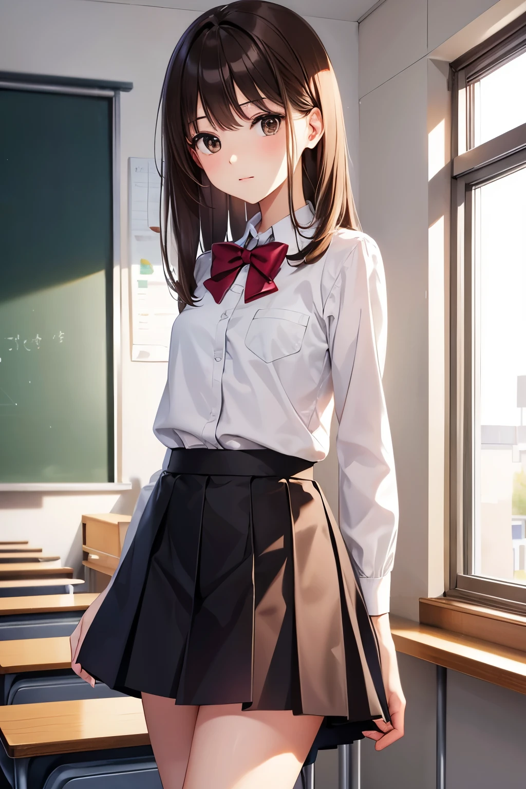 1 girl, alone, masterpiece, best quality, high resolution, Very detailed, (illustration), Beautiful and delicate eyes, Yuigahama Yui, single bun, glossy lips, Light makeup, blush, floor, sitting, White shirt, Short black pleated skirt, (Knees bent)