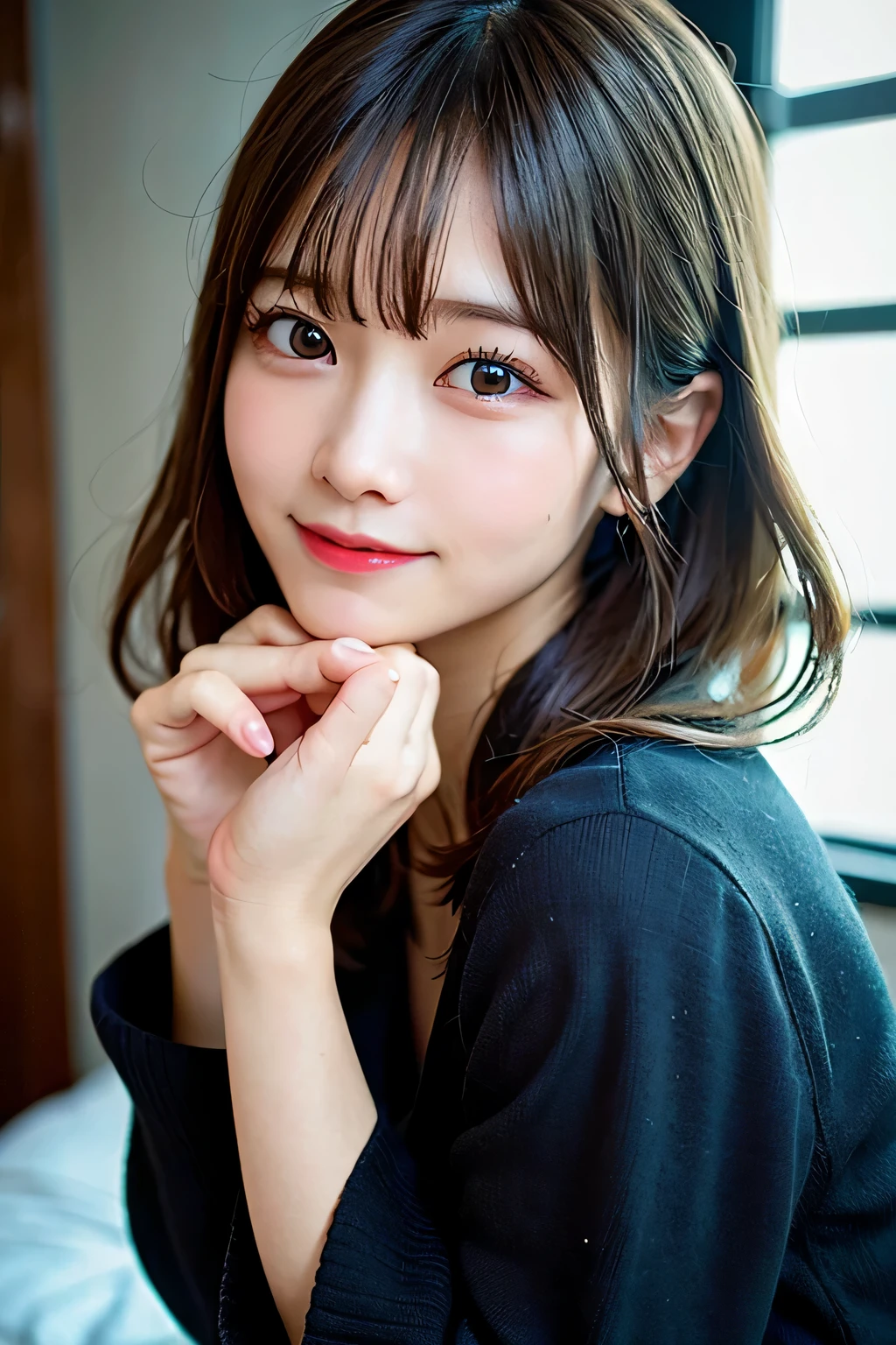 (8k, RAW photo:1.2)detailed face and eyes,最high quality, 超A high resolution, very detailed ,intricate details , Bedroom, black pajamas、pretty girl , soft light like a movie, hyper detail,sharp focus, high quality, dripping from,smile、