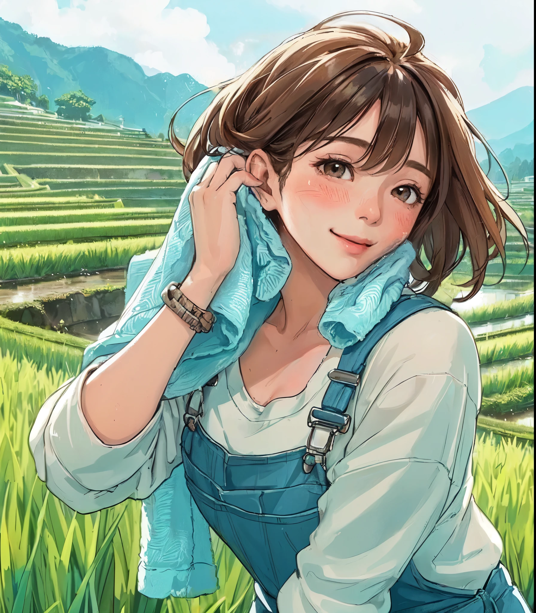 1lady solo, standing, (wiping face with towel), (jumpsuit overalls) stylish, mature female, /(black hair/) bangs, blush light smile, (masterpiece best quality:1.2) delicate illustration ultra-detailed, medium , (towel around neck) BREAK (rice paddy) outdoors, (rice terraces:1.2), countryside, noon, detailed background