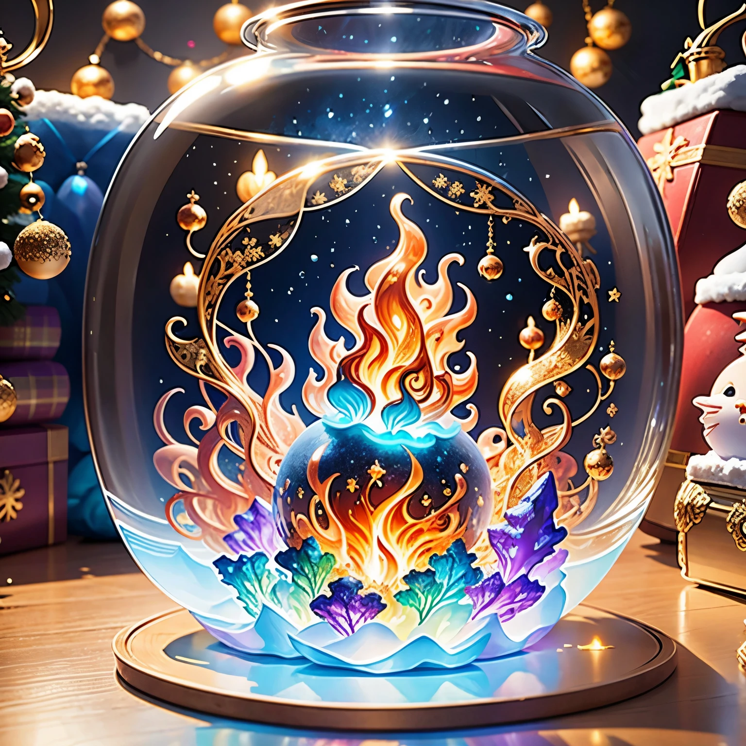 (La best quality,high resolution,super detailed,actual)，Flame jellyfish formed from jelly，snow，in the room，Christmas decoration，surrounded by christmas gifts，（（A masterpiece full of fantasy elements）））， （（best quality））， （（intricate details））（8k）