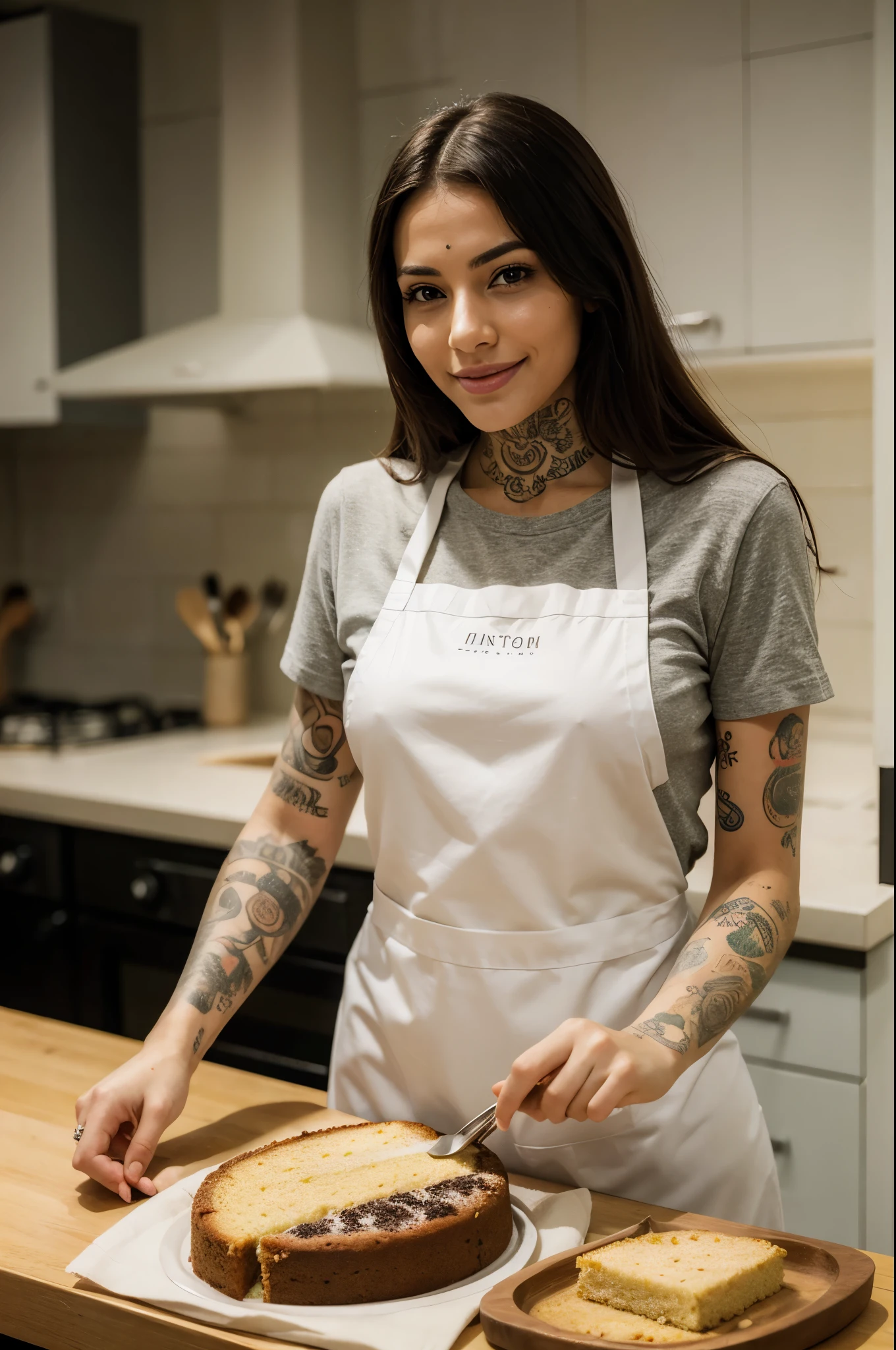 masterpiece, best quality, extremely detailed, hyperrealistic, photorealistic, a pretty brazilian woman, with various tattoos, baking cake:1.1, kitchen, plain apron:1.2, ultra detailed face, detailed eyes, pointy nose, smiling
