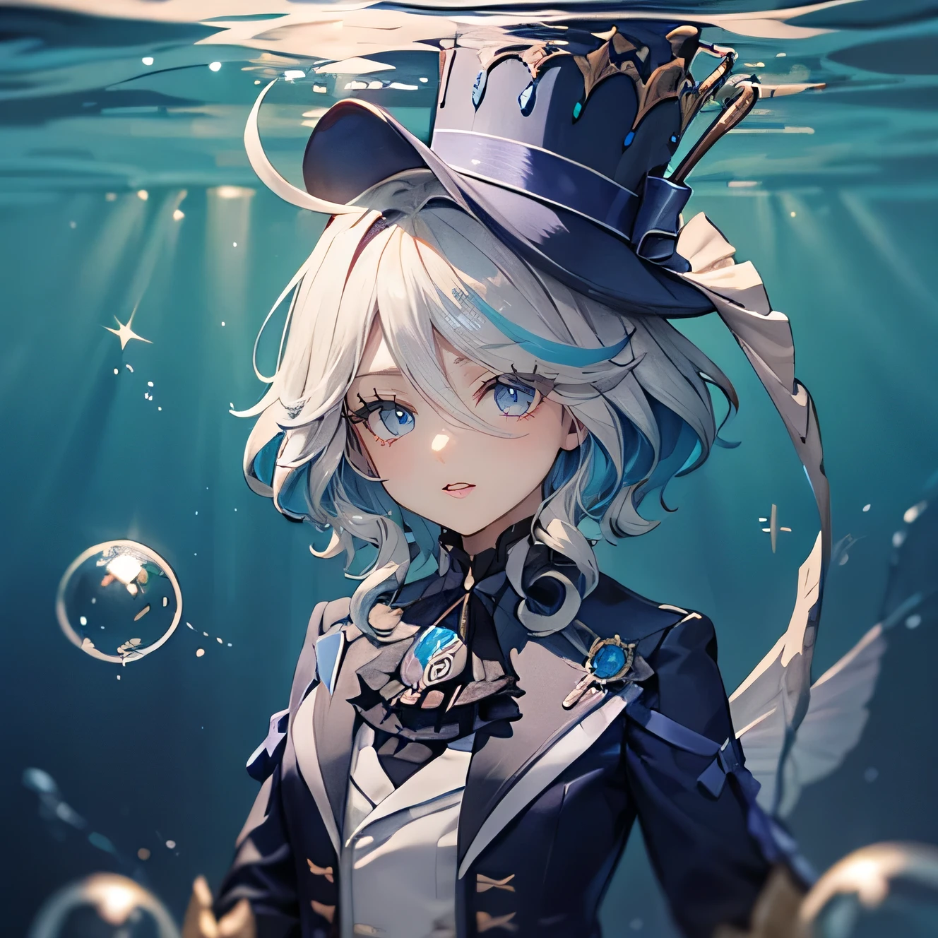 Masterpiece, Best quality, A high resolution), Furin, tailcoat, Upper body, closed mouth, smile, short shorts, top hat, fish swim underwater, against the background of water,sweet look, belt, Bubbles,glowing light, ray tracing, HDR,(I'm looking at the viewer,smile с открытым ртом:1.1),,((Gradient hair)),Eyes of different colors, eye gradient, (sparkling eyes:1.5), mascara,