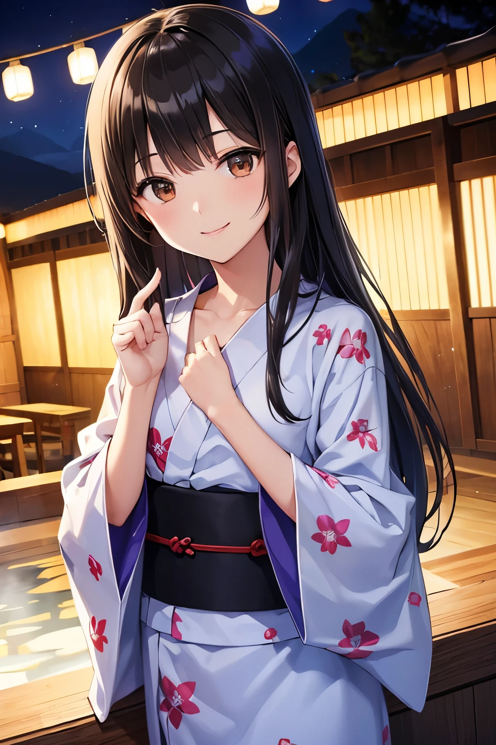 Anime girl in kimono outfit standing in front of a pool - SeaArt AI