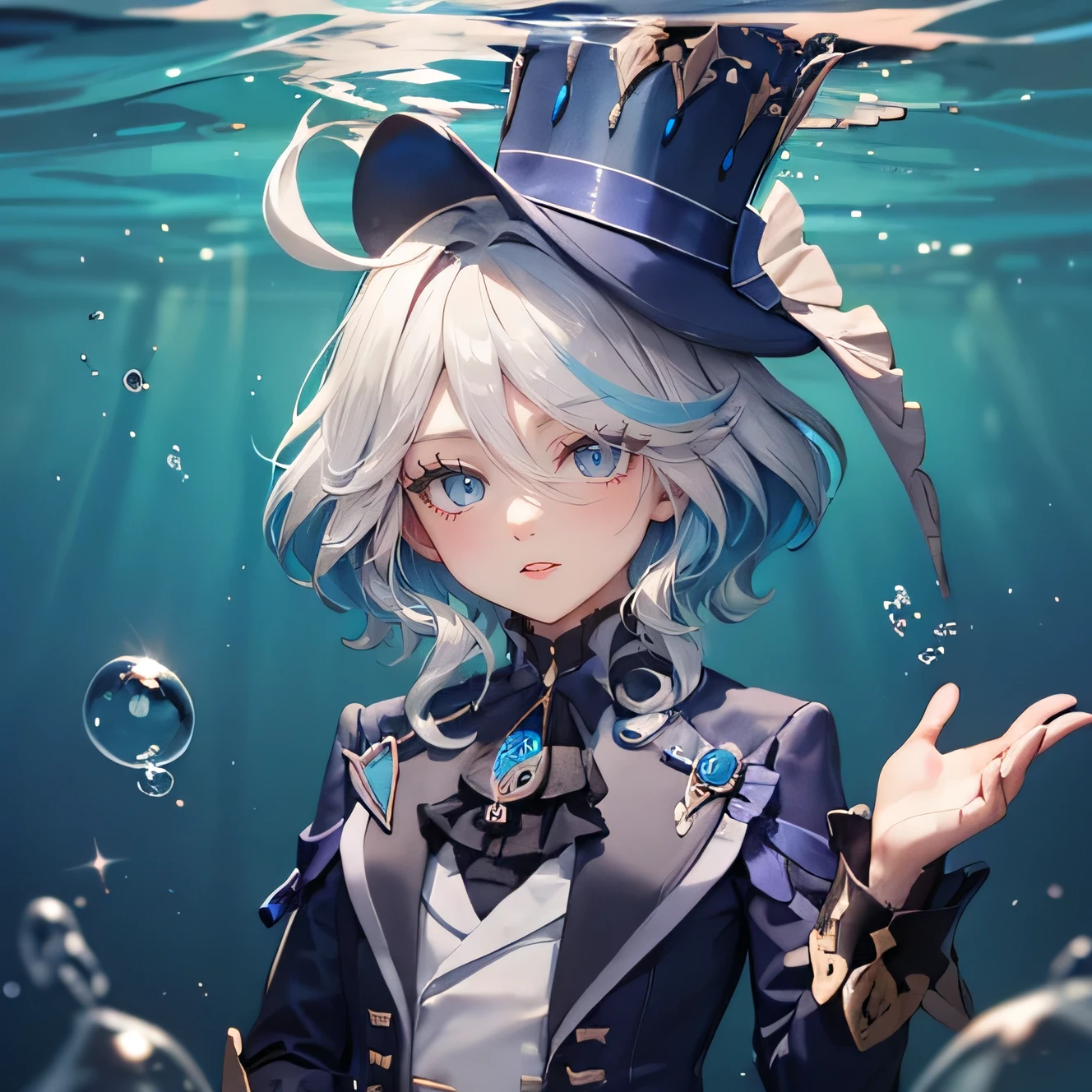 Masterpiece, Best quality, A high resolution), Furin, tailcoat, Upper body, closed mouth, smile, short shorts, top hat, fish swim underwater, against the background of water,sweet look, belt, Bubbles,glowing light, ray tracing, HDR,(I'm looking at the viewer,smile с открытым ртом:1.1),,((Gradient hair)),Eyes of different colors, eye gradient, (sparkling eyes:1.5), mascara,