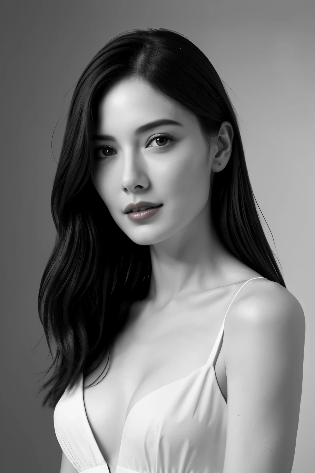 8k wallpaper, highest quality, masterpiece, realistic, Photoreal, super detailed, well-shaped small breasts, model style, RAW photo of 29 year old woman, (((monochrome photography))), 1 girl, ((facing the front)), upper body photo, ((pale vermilion lips)), detailed clavicle, perfect face, straight hair, super detailed, film grain, 超realistic, ultra realistic texture