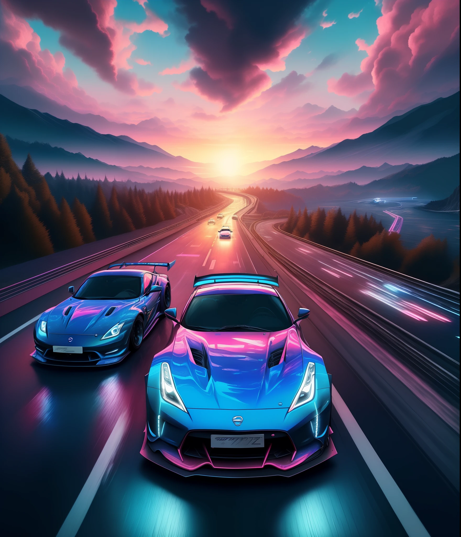 2 supercars Nissan 640Z blue and pink electric color 3 tones, running fast in very big transparent track in subwater tunnel circuit around milkyway, beautiful space planets multitones each side of the car , size 1600*1200 full hd