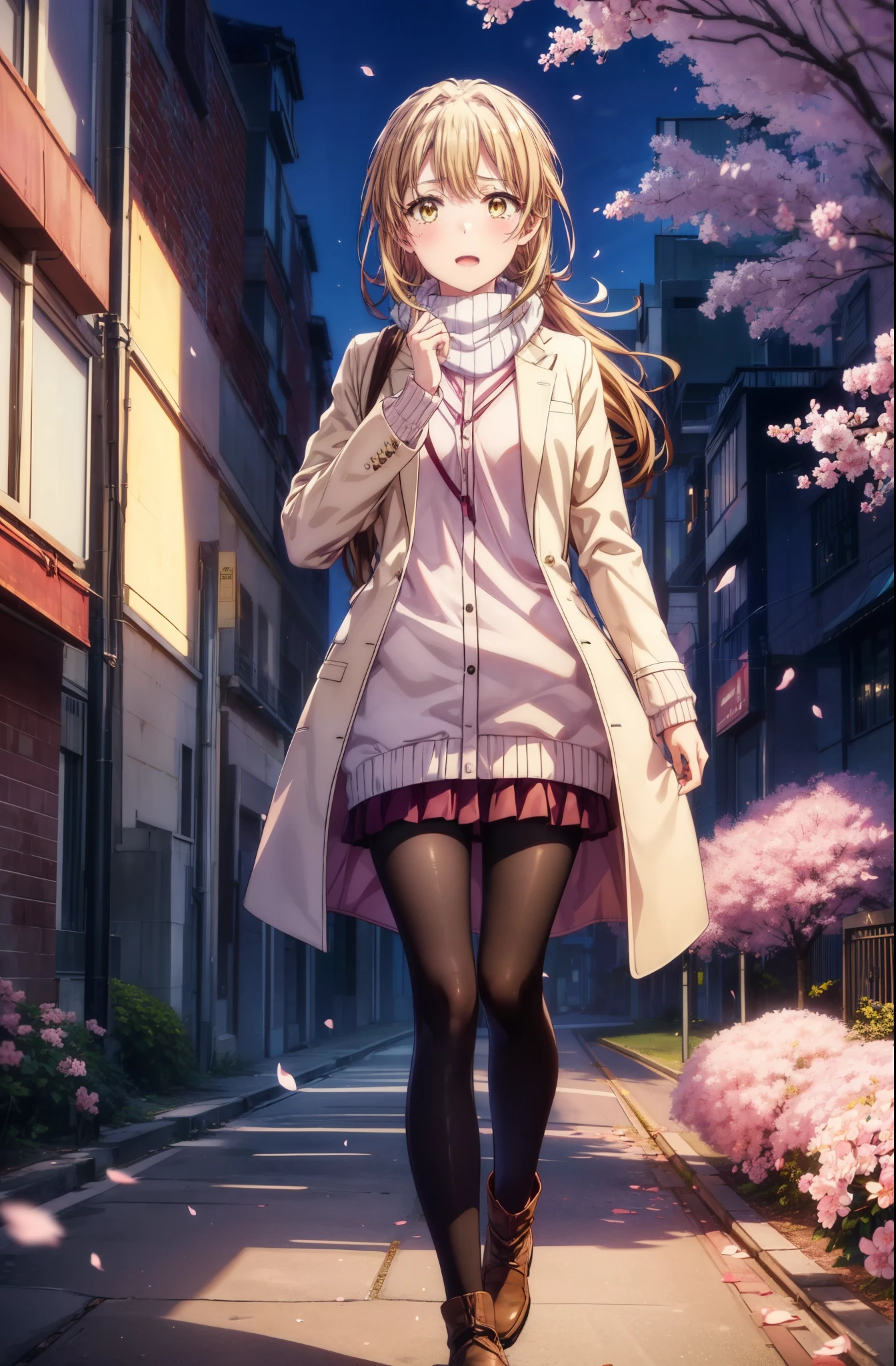 irohaisshiki, iroha isshiki, long hair, short braided hair,ponytail,brown hair, (brown eyes:1.5), smile,yellow muffler,pink long coat There is space in front,white sweater,black long skirt,black pantyhose,short boots,Big tears are running down her face,Crying with joy,cry a lot,A piece of paper with a large number of numbers written on it is pasted on the bulletin board in front of the school building.,happy crowd,cherry blossoms are blooming,Cherry blossoms are scattered,pink scenery,Announcement of university results,have a piece of paper with numbers written on it,
break outdoors, University buildings,
break looking at viewer,
break (masterpiece:1.2), highest quality, High resolution, unity 8k wallpaper, (figure:0.8), (detailed and beautiful eyes:1.6), highly detailed face, perfect lighting, Very detailed CG, (perfect hands, perfect anatomy),