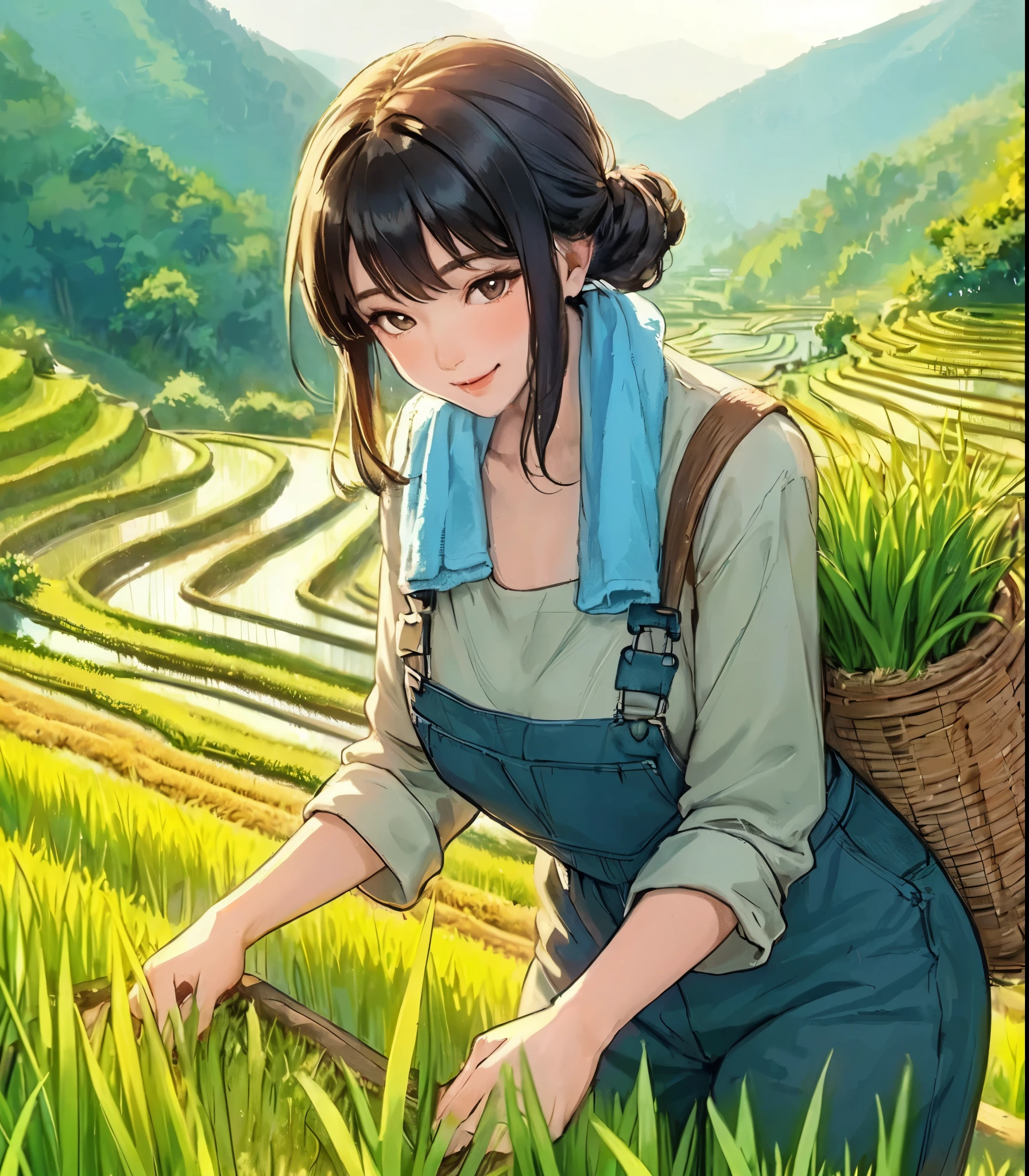1lady solo, (planting rice) standing (bent over), (jumpsuit overalls) stylish, mature female, /(black hair/) bangs, blush light smile, (masterpiece best quality:1.2) delicate illustration ultra-detailed, medium breasts, (towel around neck) BREAK (rice paddy) outdoors, (rice terraces:1.2), countryside, noon, detailed background
