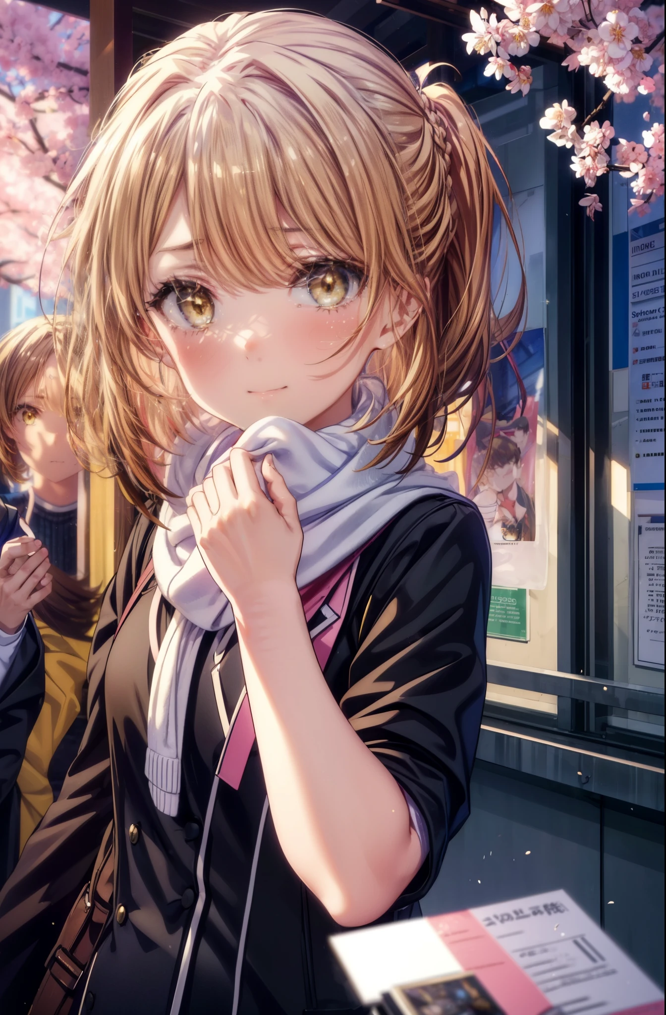 irohaisshiki, iroha isshiki, long hair, short braided hair,ponytail,brown hair, (brown eyes:1.5), smile,yellow muffler,pink long coat　There is space in front,white sweater,black long skirt,black pantyhose,short boots,Big tears are running down her face,Crying with joy,cry a lot,A piece of paper with a large number of numbers written on it is pasted on the bulletin board in front of the school building.,happy crowd,cherry blossoms are blooming,Cherry blossoms are scattered,pink scenery,Announcement of university results,have a piece of paper with numbers written on it,
break outdoors, University buildings,
break looking at viewer,
break (masterpiece:1.2), highest quality, High resolution, unity 8k wallpaper, (figure:0.8), (detailed and beautiful eyes:1.6), highly detailed face, perfect lighting, Very detailed CG, (perfect hands, perfect anatomy),
