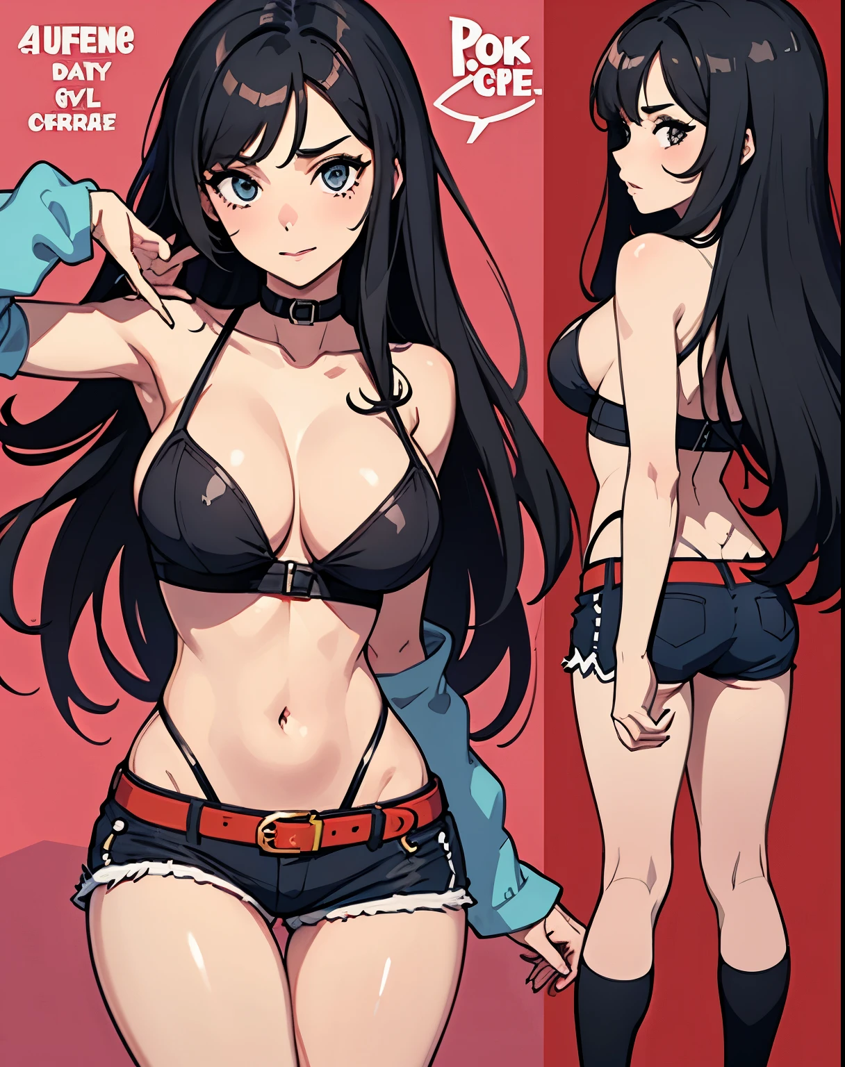  crie model sheet de uma personagem feminina, com pele morena, regata, mini shorts, cabelo amarrado, corpo inteiro, de 3 angulos diferentes: lado, perfil e de costas, deixe ela em varias poses,