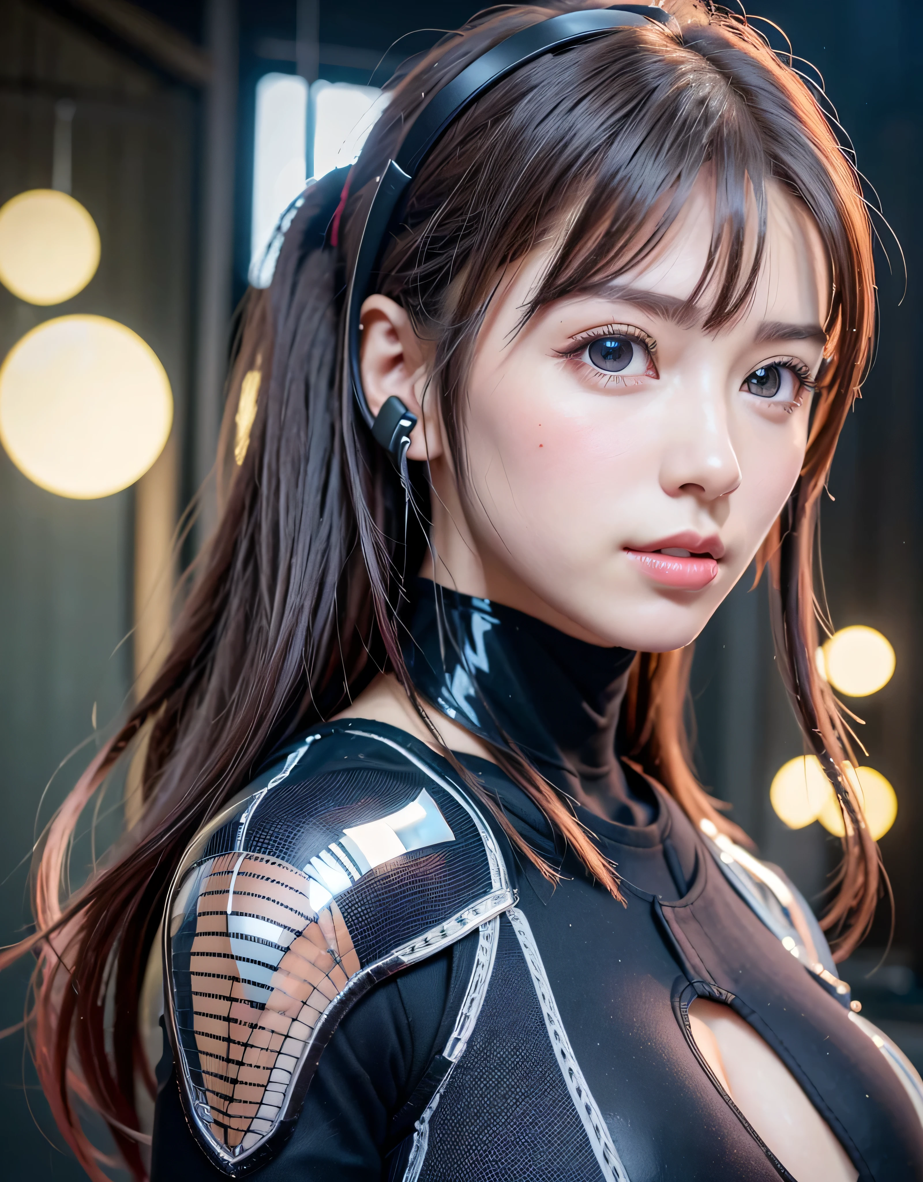 highest quality、8K masterpiece、超A high resolution、(Photoreal:1.3)、RAW photo、1 girl、silver hair、(braided twin tails)、glowing skin、1 Super Beautiful College Girl、((Super realistic detail shot、global illumination、Shadow、octane rendering、8k、super sharp、very intricate details、realistic light、Trends in CG society、beautiful eyes、blue shining eyes、towards the camera、(medium sized upturned bust:1.4)、headset、(((Sheer tight bodysuit, transparent latex material:1.4)))、headset、cyberpunk interior,