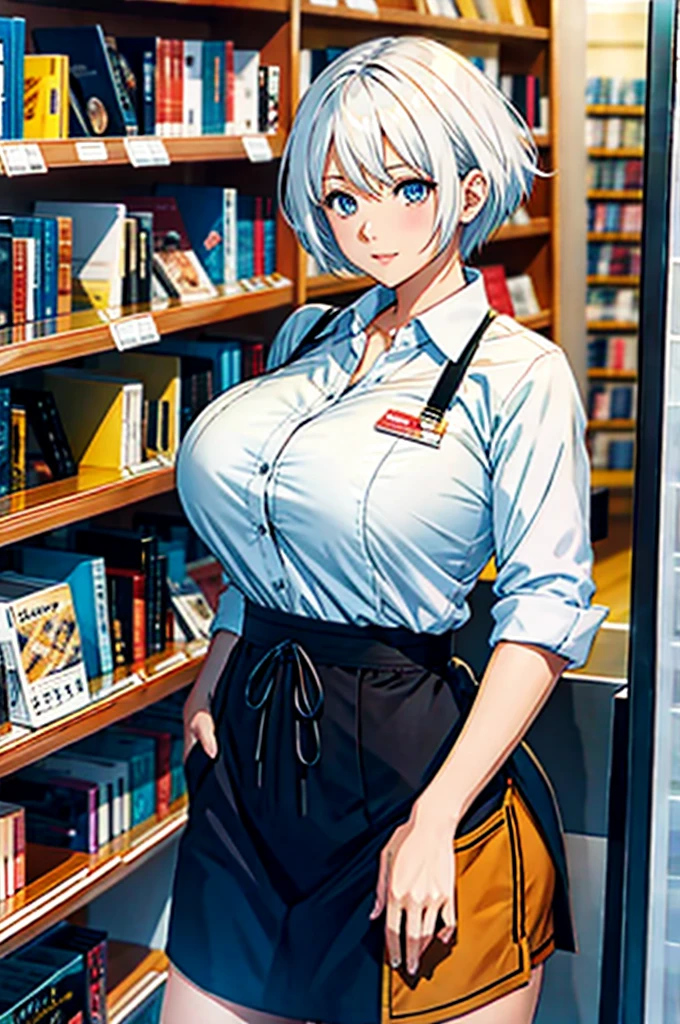 manga bookstore employee with big breasts and short white hair