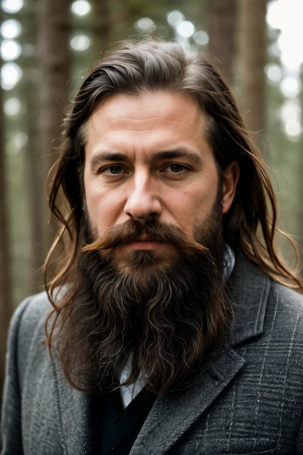 photo portrait of 50 yo man, eye contact, long hair, winter forest on background, realism, photorealism, hyperrealism, (insane details:1.3), 35mm, beard, moustache