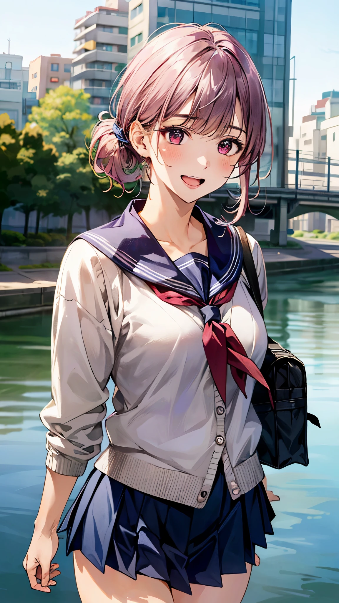 (masterpiece:1.2, top-quality, ultra high res, ultra detailed), (realistic, photorealistic:1.4), beautiful illustration, (natural side lighting, movie lighting),
looking at viewer, 1 girl, japanese, high school girl, perfect face, (perfect anatomy), cute and symmetrical face, shiny skin, slender,
(short hair, side ponytail, purple hair), asymmetrical bangs, dark red eyes, drooping eyes, big eyes, long eye lasher, (medium breasts),
beautiful hair, beautiful face, beautiful detailed eyes, beautiful clavicle, beautiful body, beautiful chest, beautiful thigh, beautiful legs,
((dark pink cardigan, white sailor fuku with blue line, navy pleated skirt, white sailor collar, red sailor scarf)), pink hair chouchou, navy school bag,
(beautiful scenery), depth of field, morning, (riverside, cityscape in the distance), (lovely smile, upper eyes, open mouth),