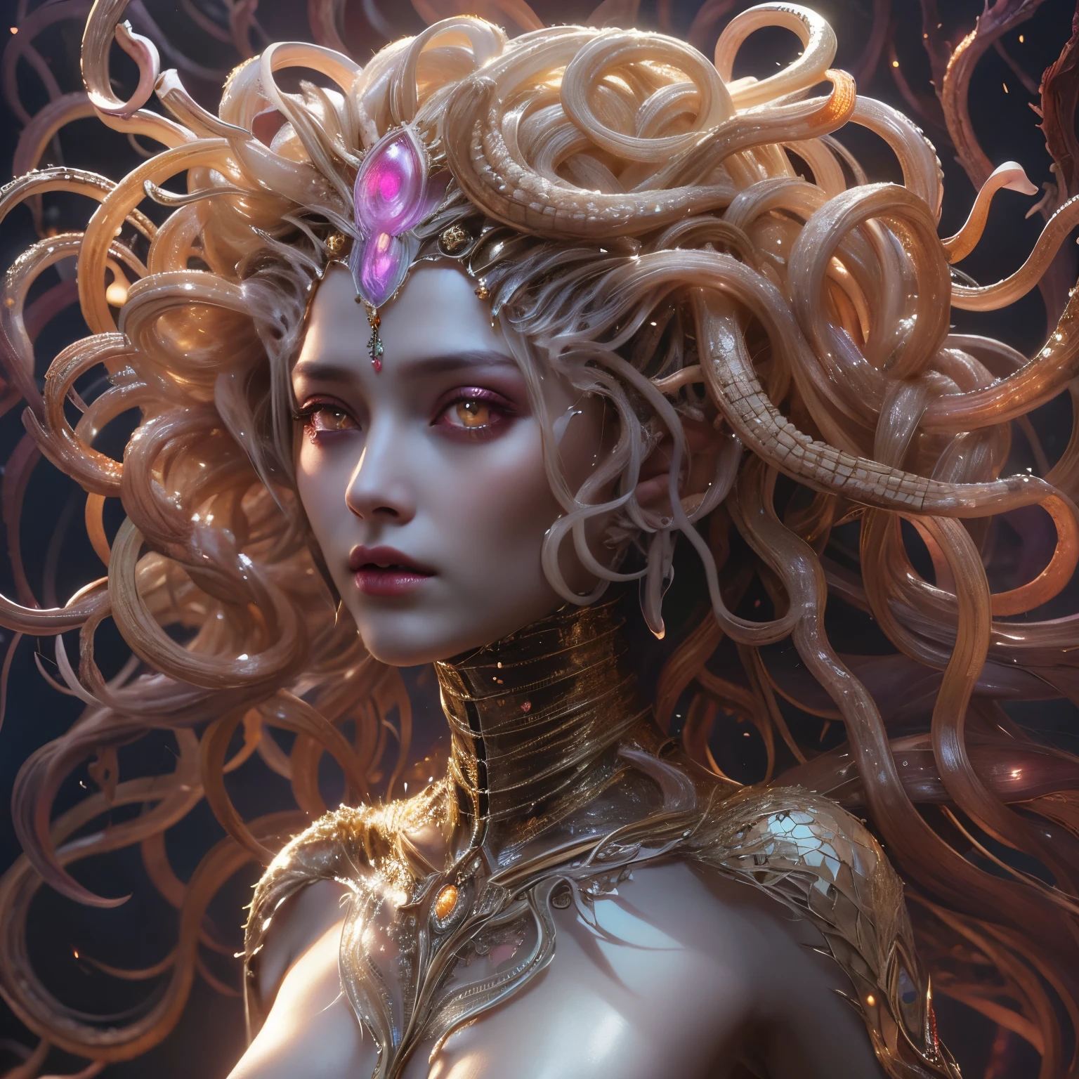 (1 female medusa-like mutant: 1.2), With a beautiful, enchanting face, this alien seduces us with her allure. Her captivating red eyes gleam brightly, reminiscent of burning embers. Her full body is unlike any human's, boasting a sexy, otherworldly form. No humans are present in this scene as she stands alone, her cells fused in a unique and intriguing extraterrestrial way.
(extraordinary beautiful nude photo:1.4), (glowing Chrysoberyl eyes:1.5), (sexy and glamorous:1.1), (coquettish expression:1.2), toned lean body, (muscular:1.2), (beautiful abs:1.5), beautiful nipples, She has lots of iridescent translucent tentacles instead of her hair, pale skin, (white skin with prominent veins:1.3),
Lots of iridescent translucent tentacles adorn her body, shimmering under the dramatic lighting. Her pale skin, with a hint of translucency, adds to her ethereal allure. This masterpiece, rendered in, (There is a female genital-like organ in the middle of the forehead:1.6),