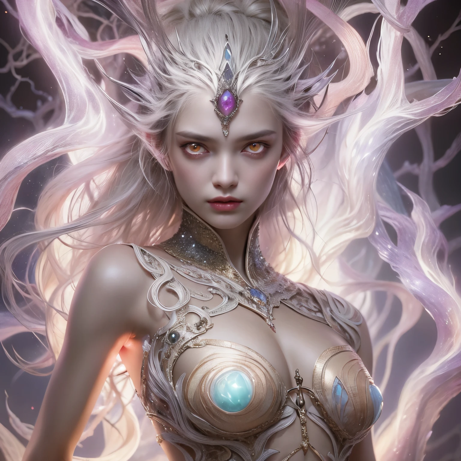 (1 female medusa-like mutant: 1.2), With a beautiful, enchanting face, this alien seduces us with her allure. Her captivating red eyes gleam brightly, reminiscent of burning embers. Her full body is unlike any human's, boasting a sexy, otherworldly form. No humans are present in this scene as she stands alone, her cells fused in a unique and intriguing extraterrestrial way.
(extraordinary beautiful nude photo:1.4), (glowing Chrysoberyl eyes:1.5), (sexy and glamorous:1.1), (coquettish expression:1.2), toned lean body, (muscular:1.2), (beautiful abs:1.5), beautiful nipples, She has lots of iridescent translucent tentacles instead of her hair, pale skin, (white skin with prominent veins:1.3),
Lots of iridescent translucent tentacles adorn her body, shimmering under the dramatic lighting. Her pale skin, with a hint of translucency, adds to her ethereal allure. This masterpiece, rendered in, (There is a female genital-like organ in the middle of the forehead:1.6),