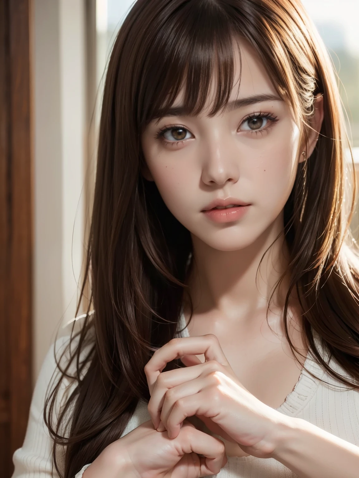 (RAW Photo, Best Quality), (Realistic, Photo Realistic: 1.3), Best Quality, Highly Detailed, Masterpiece, Ultra Detailed, Illustration, 1 cute Girl, upper body, Dynamic Angle, Extremely Detailed CG Unified 8k Wallpaper, Ink, Amazing, Dynamic Angle, World Mastery Theater, messy long hair, Best Quality, Extremely Detailed CG Unified 8k Wallpaper, Ink, Amazing, Movie Lights, lens flare, Detailed Face, (Deliberate expression: 1. 5), brown hair and bangs, hi-res screenshot, normal hands, vivid colors, nice studio lighting,beautiful fine face,