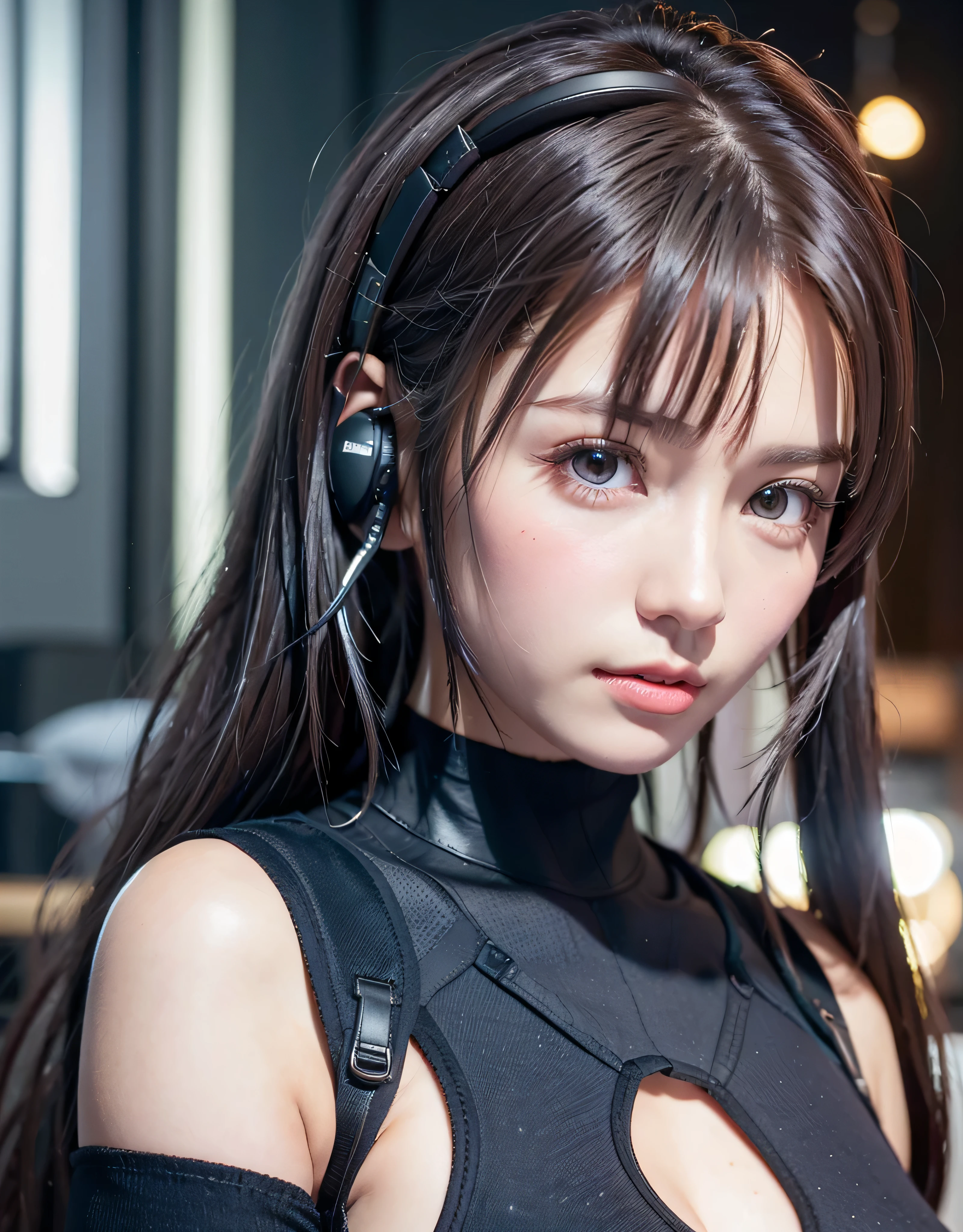 highest quality、8K masterpiece、超A high resolution、(Photoreal:1.3)、RAW photo、1 girl、silver hair、(braided twin tails)、glowing skin、1 Super Beautiful College Girl、((Ultra realistic details))、cowboy shot、global illumination、Shadow、octane rendering、8k、super sharp、very intricate details、realistic light、Trends in CG society、beautiful eyes、blue shining eyes、towards the camera、(medium size bust:1.4)、headset、(((Transparent Tight Bodysuit:1.4)))、headset、cyberpunk interior,