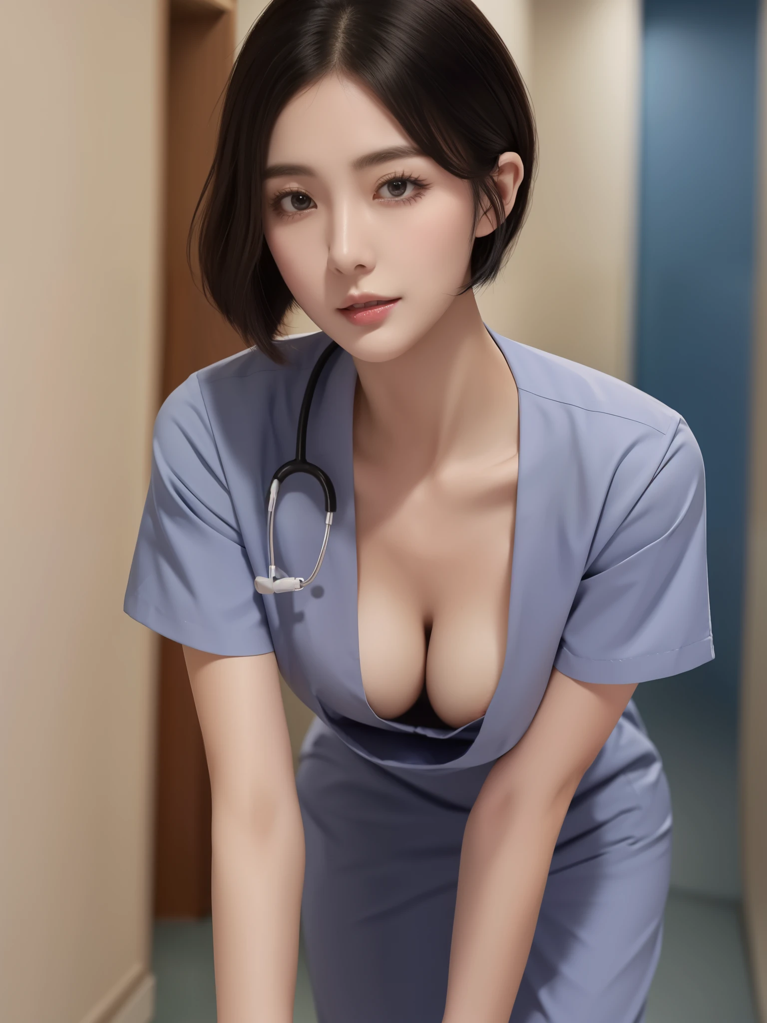 1lady solo nurse, /(black short hair/), /(nurse uniform/), blush, (masterpiece best quality:1.3) delicate illustration ultra-detailed , large breasts BREAK /(hospital hallway/), lean forward