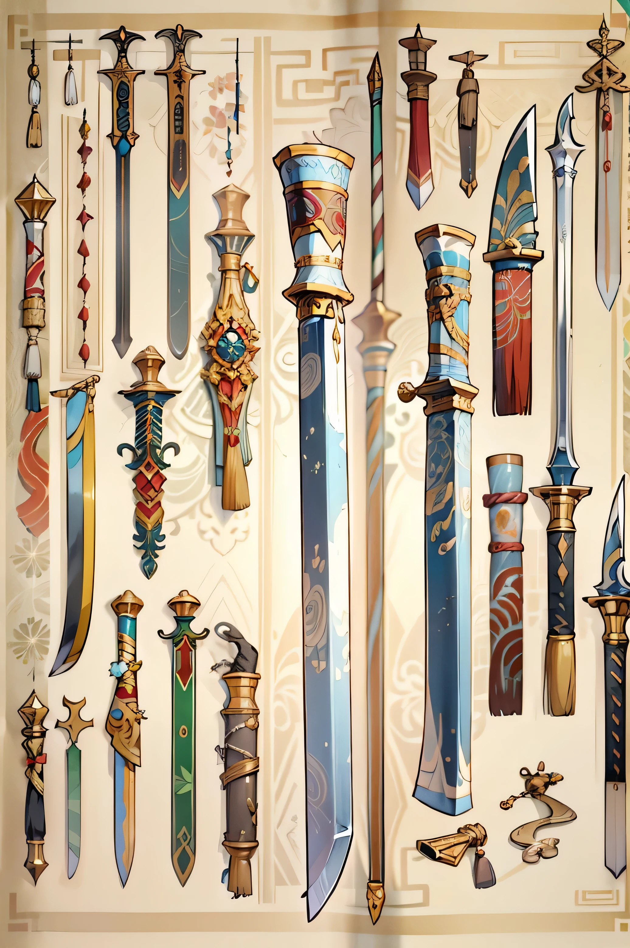 (((best quality))), (((masterpiece))), Chinese ancient weapons to be included in weapons encyclopedia, Waldo, Large ambidextrous knife, picture book, white background, 2 heavy swords