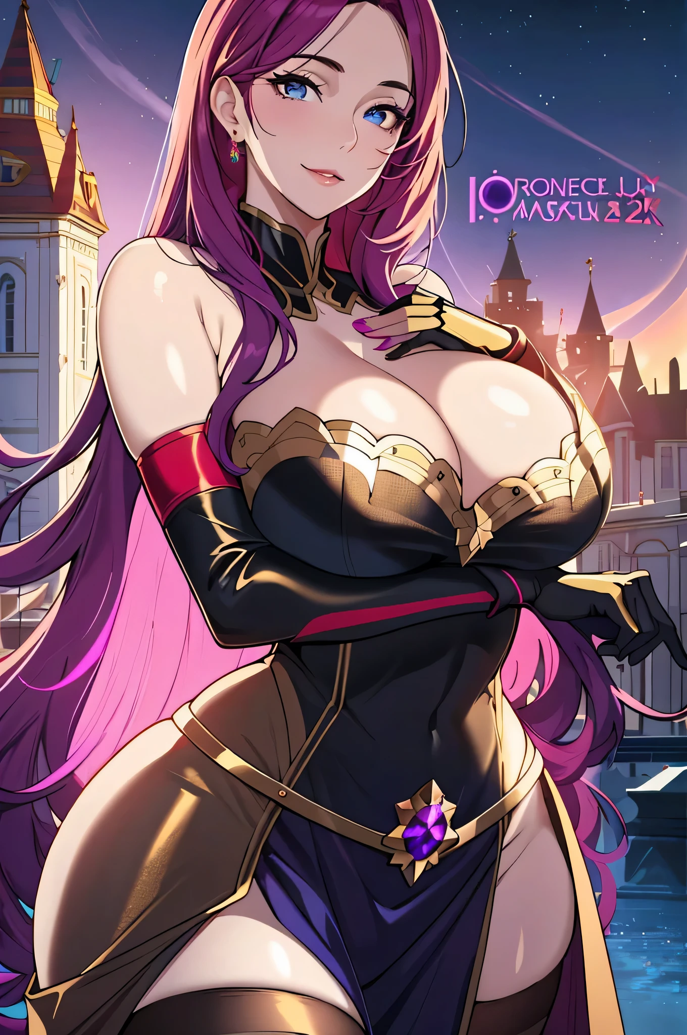 Lian, magenta hair, hair stick, bangs, blue eyes, solo, smiling, standing, upper body, hips, bare shoulders,purple thighhighs, black dress, gold jewelry,armor,gloves,circlet, cleavage, red and gold royal castle, gigantic breasts, (best quality, masterpiece, beautiful and aesthetic:1.2, highest detailed face, perfect face,) eyes, perfect face,expressive eyes,
looking at viewer, in the center of the image,(Upper_body),(Focus on her face),
official art,extremely detailed CG unity 8k wallpaper, perfect lighting,Colorful, Bright_Front_face_Lighting,shiny skin,
(masterpiece:1.0),(best_quality:1.0), ultra high res,4K,ultra-detailed