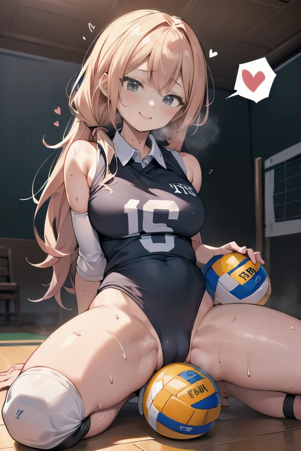 unity 8k wallpaper, anatomically correct, (((masterpiece))), (((best quality))), (((ultra detailed))), (((high-resolution))), ((Ultimate cutie)), perfect hands, perfect finger, (((good anatomy))), detailed beautiful face, shiny hair, (((gyaru))), (potbelly), (curvy), medium breasts, ((Thick thighs)), (((solo))), ((seductive smile)), (((blush))),
BREAK, (((sit astride the perfectly spherical shape 6-inch volleyball))), (((Straddling a perfectly spherical 6" volleyball))), (((Perfectly spherical 6" volleyball fits perfectly crotch))), BREAK, (((Rub the Perfectly spherical 6" volleyball against crotch))), (masturbation),
BREAK, (Collared volleyball uniforms), sleeveless, ((buruma)), ((kneepad)), pussy juice stained, (elbow pad), (((sweat))), (((covered in sweat))), ((deep breathing)), in Volleyball Court, indoor, lighting, looking at viewer, full body, (spoken heart)