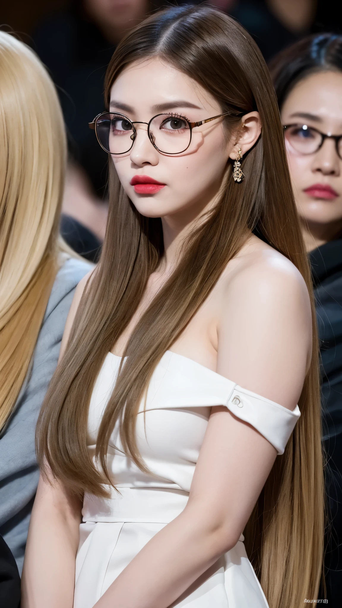 (8K, 4K, Best quality, A high resolution, 超A high resolution:1.1), (Masterpiece, Realistic, photo-realistic:1.1), 1girll, face, Close-up, double tails, Blonde hair, Black eyes, Red lips, (Looking in the audience：2），Absurd long hair，long eyelasher，eye shadows，petty face，largeeyes，exposed bare shoulders，hight contrast，Wears eyebrow-rimmed glasses