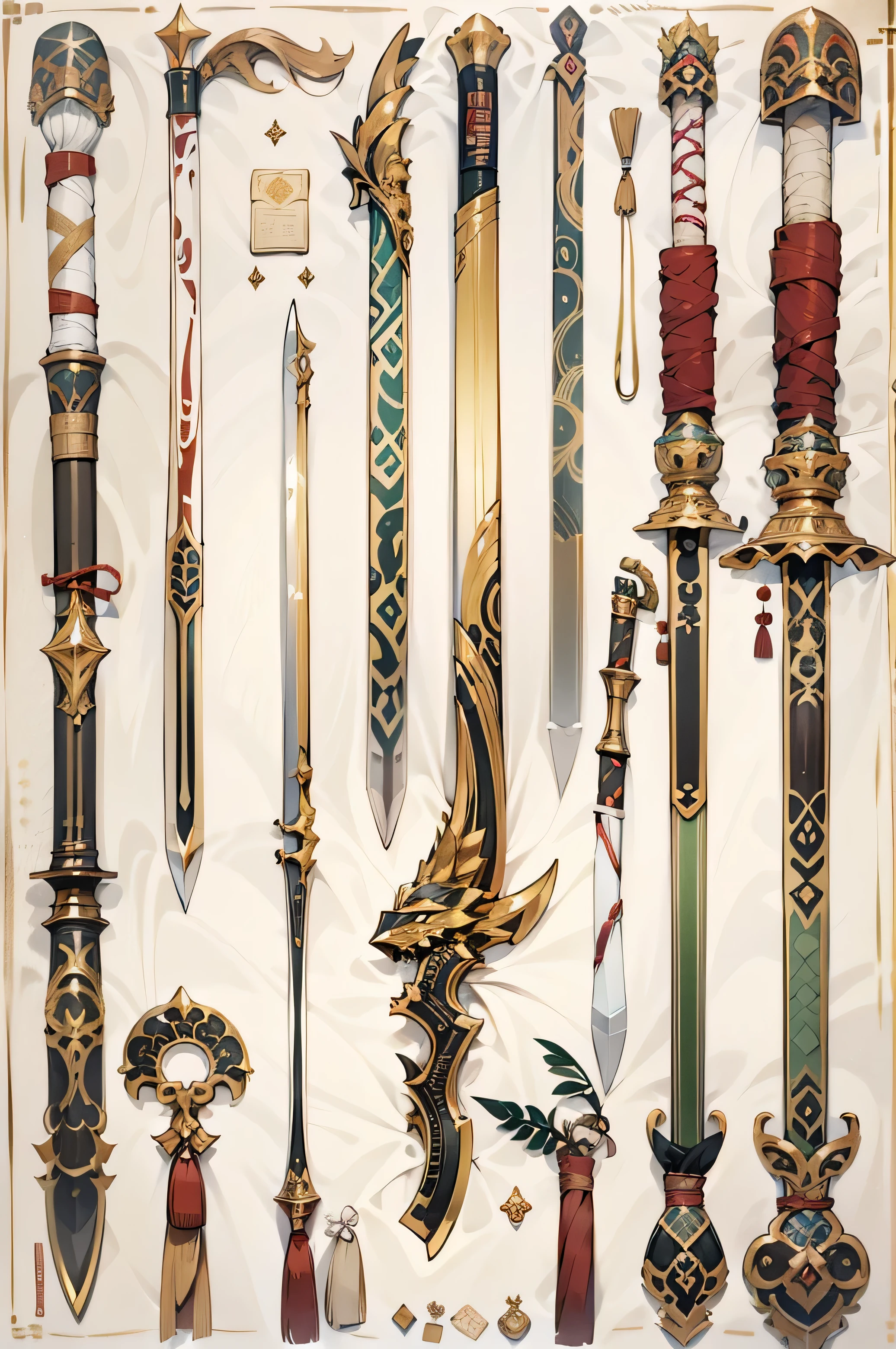 (((best quality))), (((masterpiece))), Chinese ancient weapons to be included in weapons encyclopedia, Waldo, Large ambidextrous knife, picture book, white background, 2 heavy swords