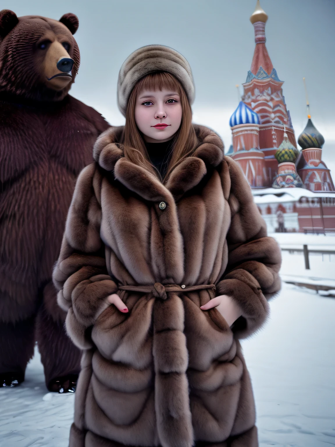 Russian girl in a fur coat, winter, Russia, USSR, Against the background of a bear, realism, cinematic