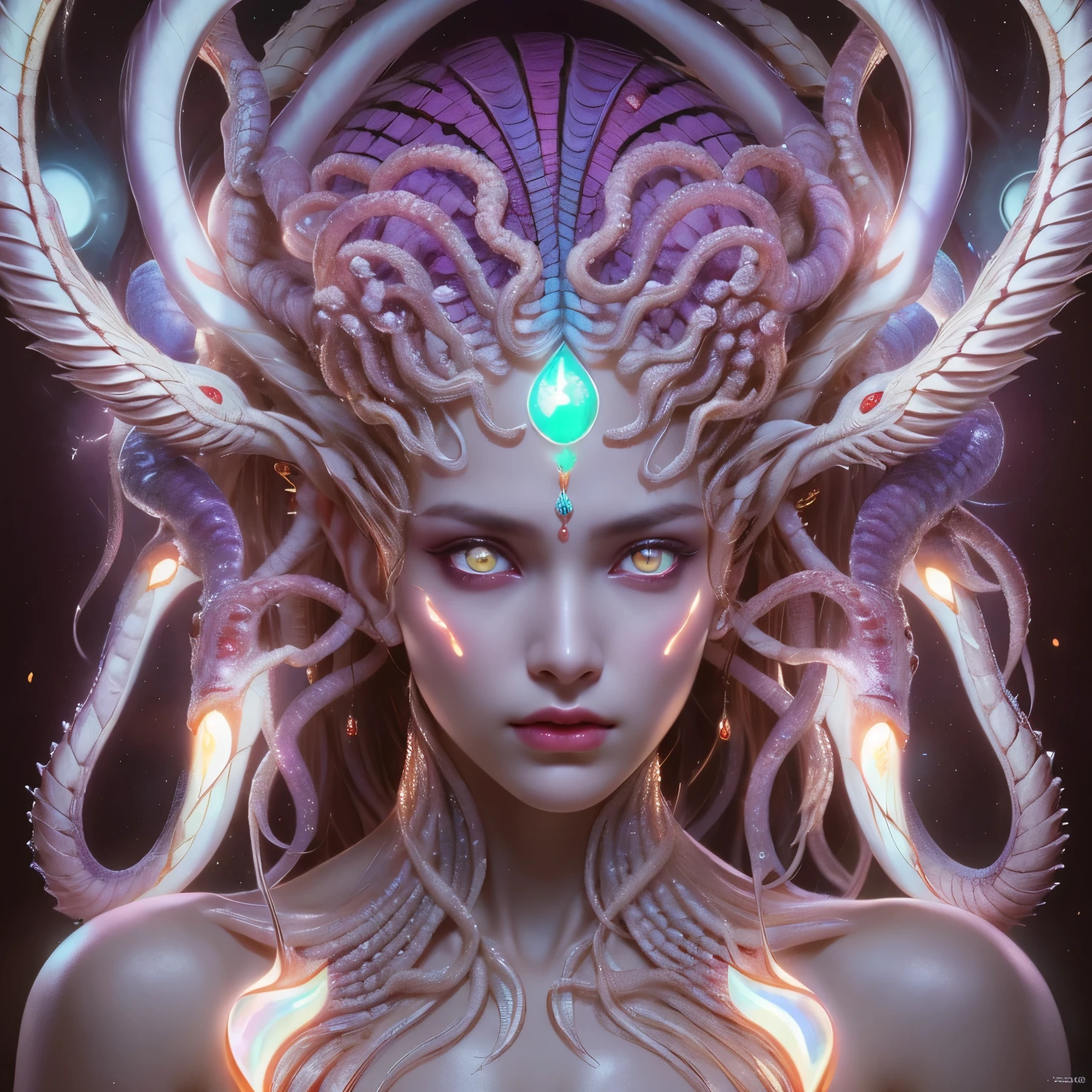 (1 female medusa-like mutant: 1.2), With a beautiful, enchanting face, this alien seduces us with her allure. Her captivating red eyes gleam brightly, reminiscent of burning embers. Her full body is unlike any human's, boasting a sexy, otherworldly form. No humans are present in this scene as she stands alone, her cells fused in a unique and intriguing extraterrestrial way.
(extraordinary beautiful nude photo:1.4), (glowing Moonstone eyes:1.5), (sexy and glamorous:1.1), (coquettish expression:1.2), toned lean body, (muscular:1.2), (beautiful abs:1.5), beautiful nipples, She has lots of iridescent translucent tentacles instead of her hair, pale skin, (white skin with prominent veins:1.3),
Lots of iridescent translucent tentacles adorn her body, shimmering under the dramatic lighting. Her pale skin, with a hint of translucency, adds to her ethereal allure. This masterpiece, rendered in, (There is a female genital-like organ in the middle of the forehead:1.6),