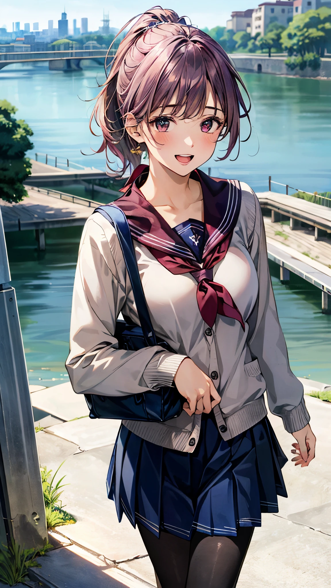 (masterpiece:1.2, top-quality, ultra high res, ultra detailed), (realistic, photorealistic:1.4), beautiful illustration, (natural side lighting, movie lighting), 
looking at viewer, 1 girl, japanese, high school girl, perfect face, (perfect anatomy), cute and symmetrical face, shiny skin, slender, 
(short hair, side ponytail, purple hair), asymmetrical bangs, dark red eyes, drooping eyes, big eyes, long eye lasher, (medium breasts), 
beautiful hair, beautiful face, beautiful detailed eyes, beautiful clavicle, beautiful body, beautiful chest, beautiful thigh, beautiful legs, 
((dark pink cardigan, white sailor fuku with blue line, navy pleated skirt, white sailor collar, red sailor scarf, black tights)), pink hair chouchou, navy school bag, 
(beautiful scenery), depth of field, morning, (riverside, cityscape in the distance), walking, (lovely smile, upper eyes, open mouth),