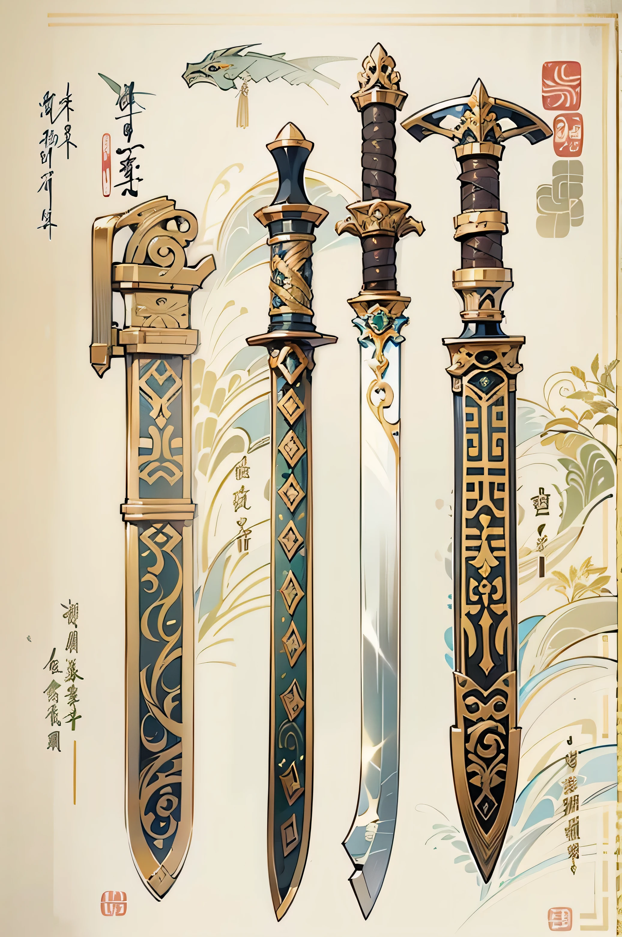 (((best quality))), (((masterpiece))), Chinese ancient weapons to be included in weapons encyclopedia, Waldo, Large ambidextrous knife, picture book, white background, 2 heavy swords