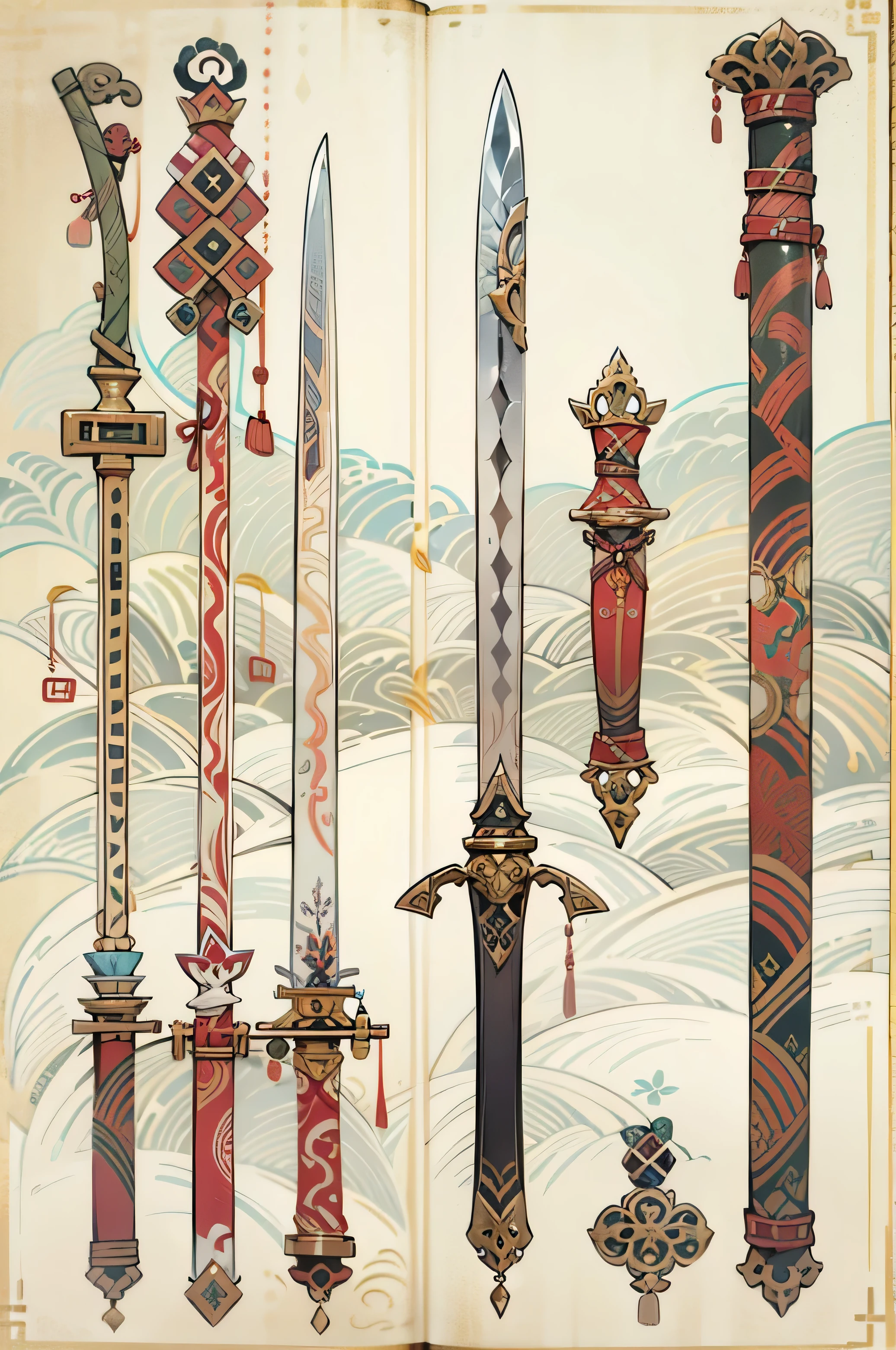 (((best quality))), (((masterpiece))), Chinese ancient weapons to be included in weapons encyclopedia, Waldo, Large ambidextrous knife, picture book, white background, 2 heavy swords