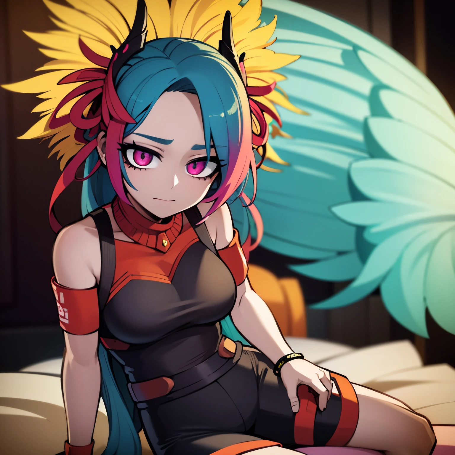 best quality, highres, ultra-detailed, realistic, vivid colors, professional, portraits, turquoise hair with orange highlights, dark pink eyes, summer clothes, 1woman, nervous, energetic, demi-human specie, has hummingbird wings and feathers.