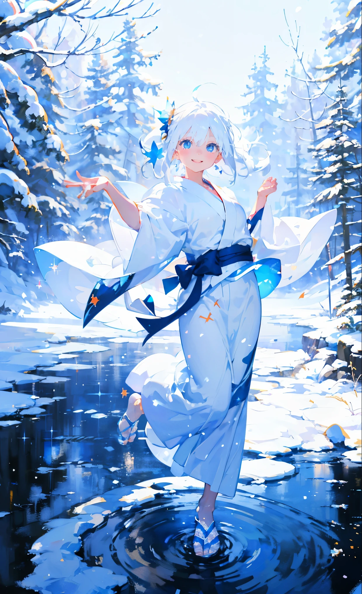 fisheye lens, snowy weather ,ground is snow , white hair blue eyes ,wears white yukata queen,dancing happy girl ,formal, fancy, sparkle,more sparkle, simple background oil painting,
