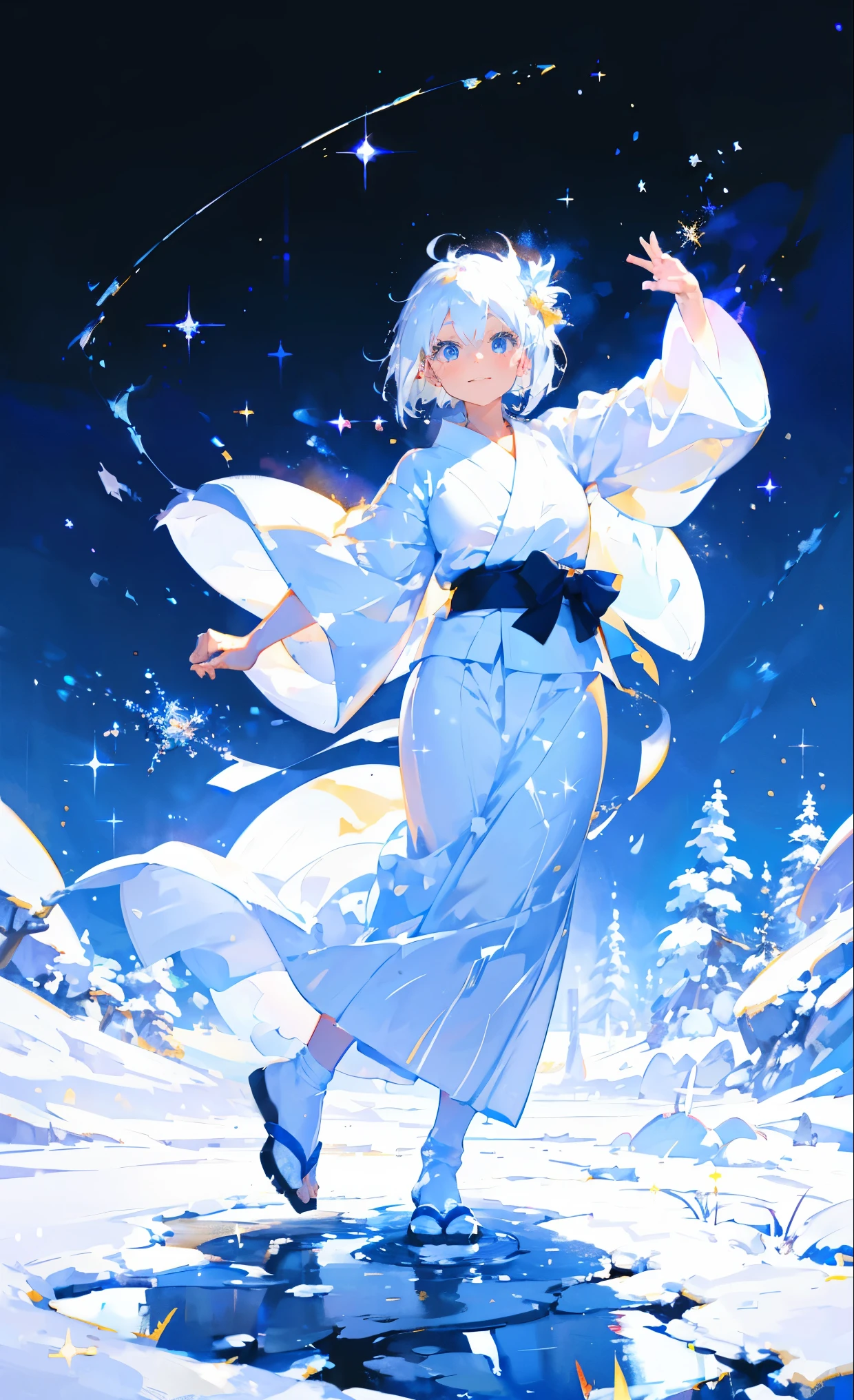 fisheye lens, snowy weather ,ground is snow , white hair blue eyes ,wears white yukata queen,dancing happy girl ,formal, fancy, sparkle,more sparkle, simple background oil painting,