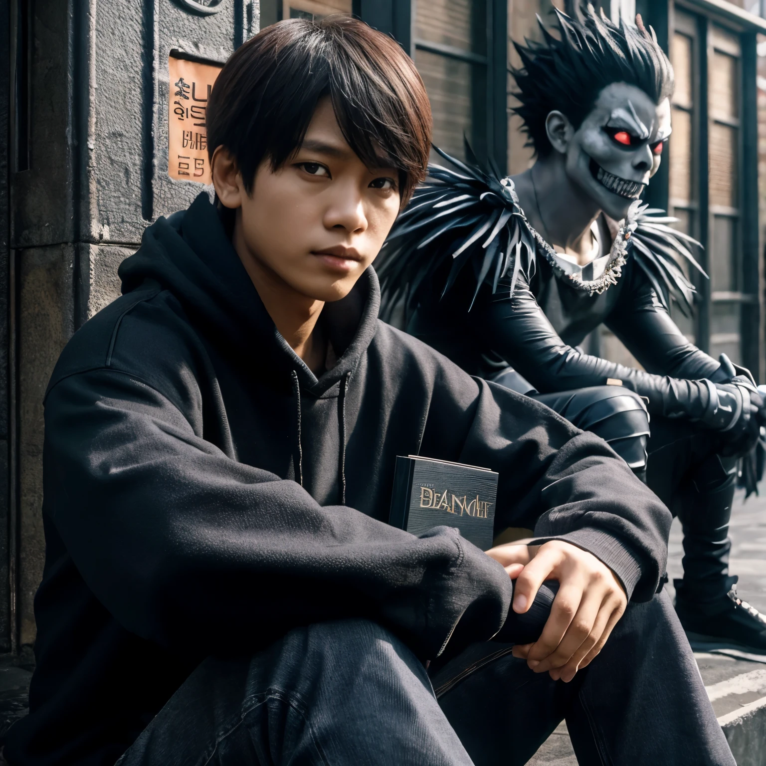 lelaki Indonesia berusia 15 tahun berambut pendek belah tengah ala korea, mengenakan hoodie hitam dan celana jeans hitam, duduk bersandar di tembok jalan, memegang buku hitam bertuliskan "death note", di sebelahnya ada sosok karakter Ryuk, seorang mistis suasana jalanan kota yang tenang, Sinematik, UHD 36K, tajam, detail, ultra realistis