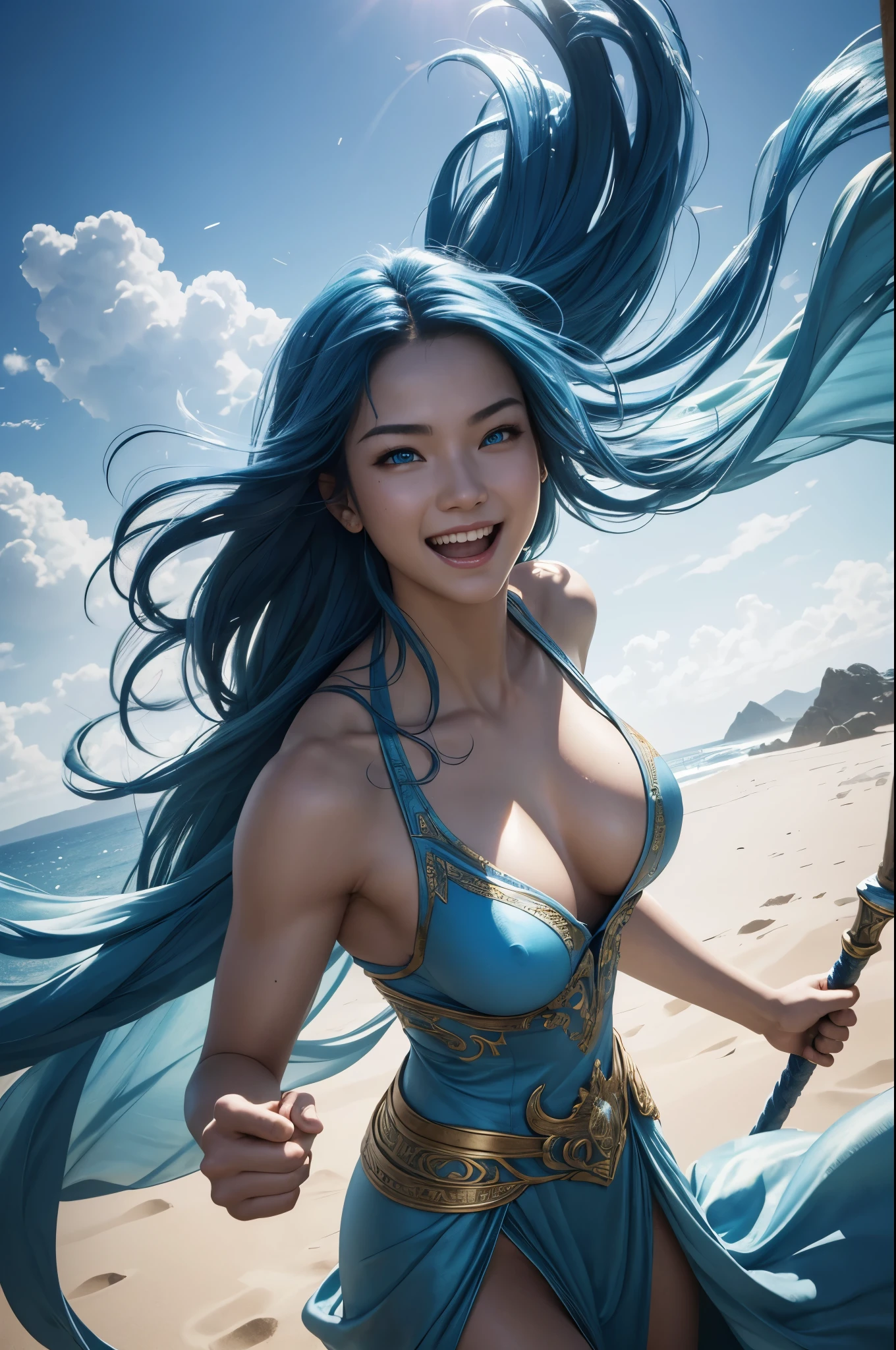 8k、alone、16 year old water goddess,Super beautiful(like the real thing),blue eyes,Super beautiful,beautiful blue hair,blue makeup,blue rouge,Luxurious white and blue long dress with big breasts,sexy.golden decoration,,Remains,amazing work of art、wind effect:1.9、cloud effect:1.2、full rendering、unreal engine,ultra high resolution,super realistic skin,Super precise hand details,fantasy art,smile,battle scene,action scene,action pose,fighting style,Photorealistic RAW photos of the highest quality。Backlight, cinematic lighting, film grain, to be born, 50mm lens, Nikon D850,realistic skin,fantasy art,character art,ultra high resolution,Macho with a muscular slender body,Precise facial details,fighting pose,dynamic pose,fearless laugh,Improve the quality of facial expressions,perspective from above,accurate human body structure,perfect hands,