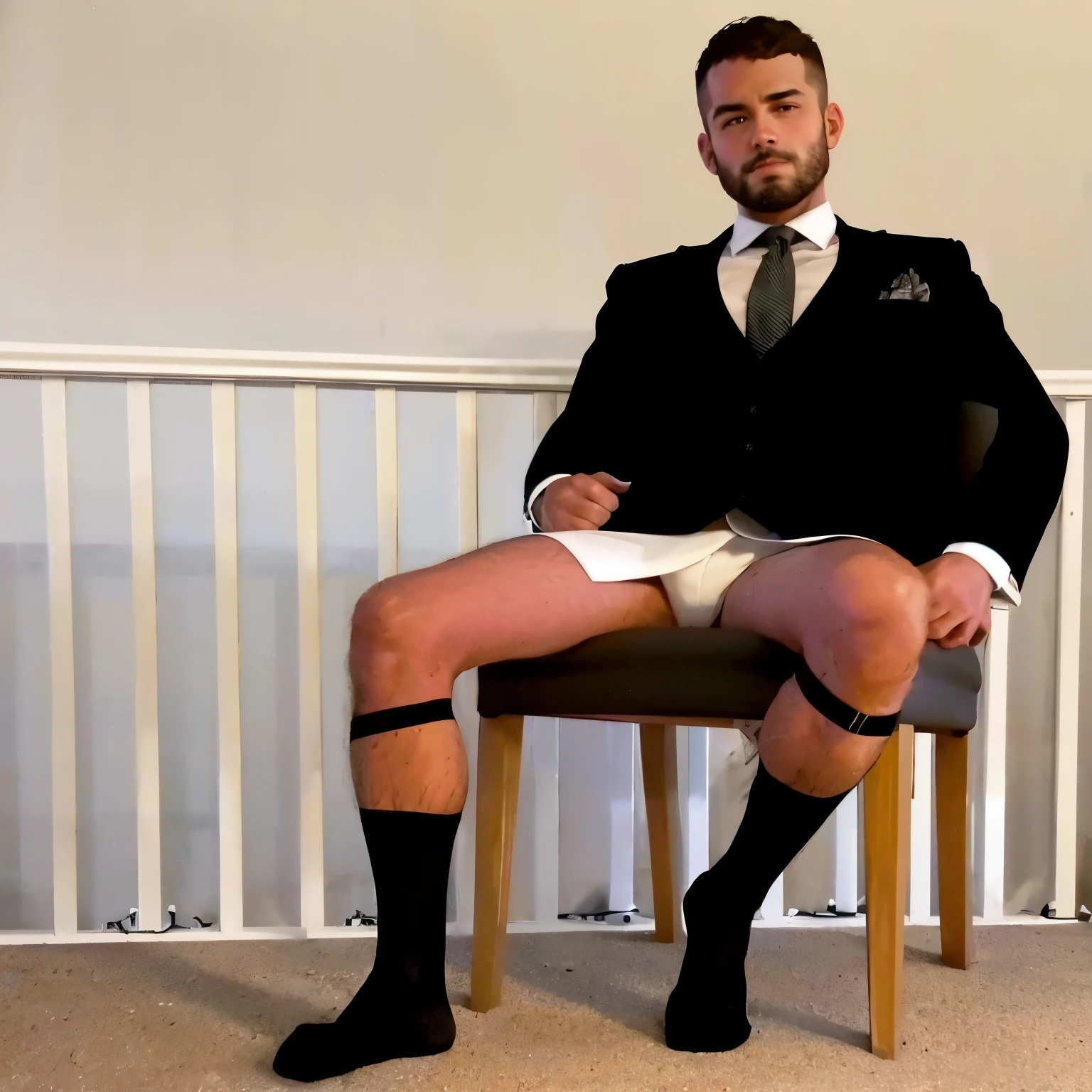 There is a man in a suit sitting on the chair, Wearing a strict suit, strict suit, Wearing a smart business suit, wearing his suit, wearing a suit, Get ready for a meeting, his legs spread, Dress neatly, wearing a suit and tie, dress appropriately, wearing a shabby suit, wearing a suit