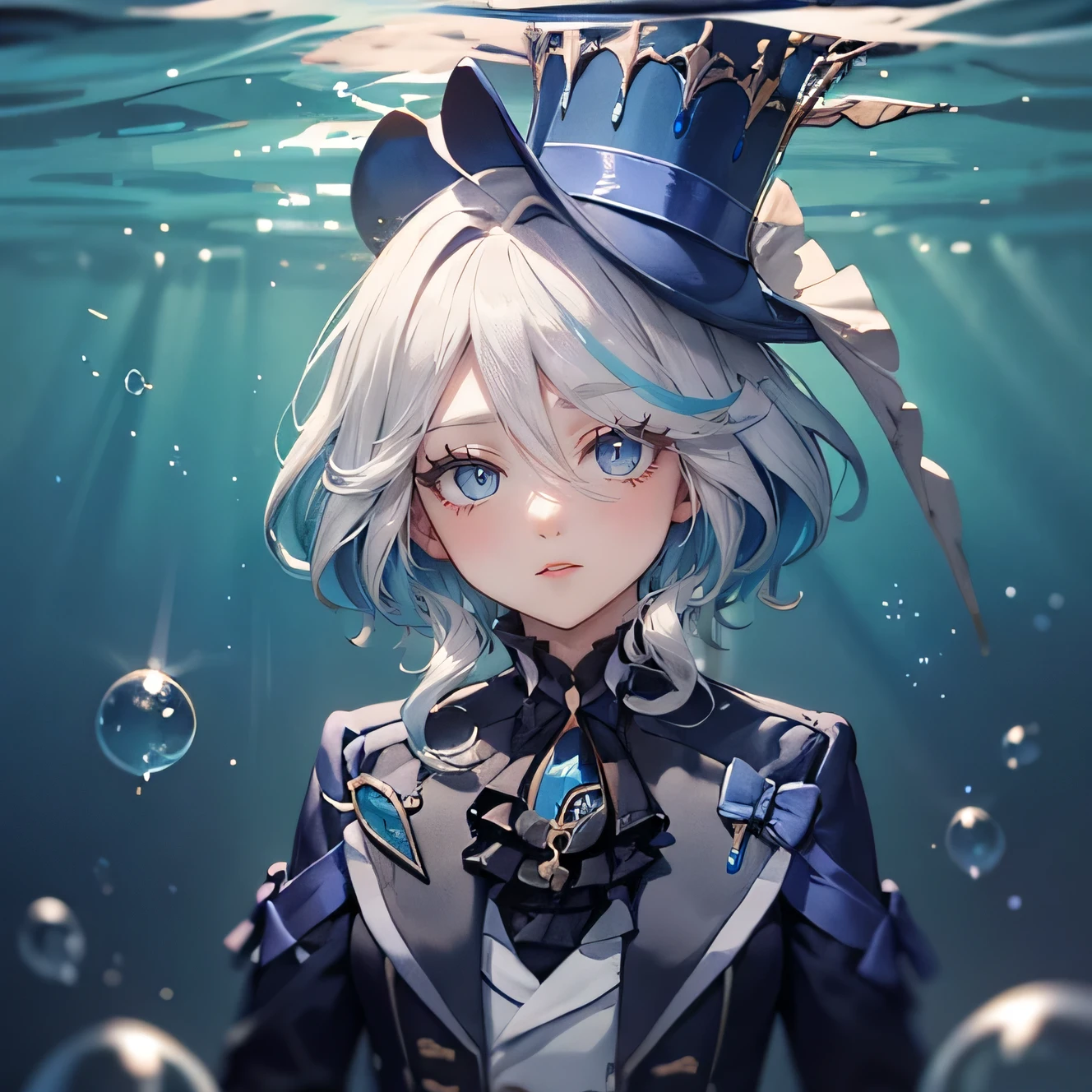 Masterpiece, Best quality, A high resolution), Furin, tailcoat, Upper body, closed mouth, smile, short shorts, top hat, fish swim underwater, against the background of water,sweet look, Bubbles,glowing light, ray tracing, HDR,(I'm looking at the viewer,smile с открытым ртом:1.1),,((Gradient hair)),Eyes of different colors, eye gradient, (sparkling eyes:1.5), mascara,