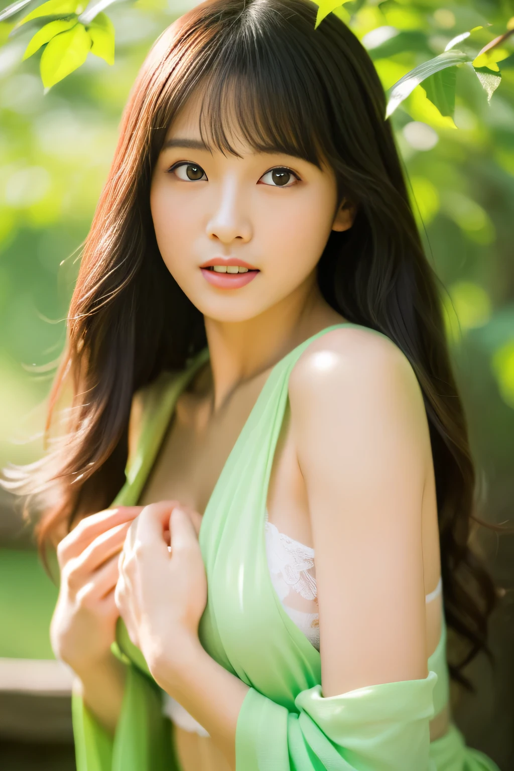 (masterpiece, highest quality, High resolution)、real japanese women,20&#39;s、 1 girl, 最高のfun女:1.5, beautiful face:1.5、long haired person,Make delicate hair shine、 clear eyes, alone,((perfect body、funしい完全な手足,perfect anatomy、healthy body))、 (Model-grade appearance),Flame of Passion ,Light of the sun ,greenmo ,Nature shines ,Full body Esbian ,Prayer to God、great spirit ,fun、cleavage, spirituality,Sacred world、ripe fruit、spring、true love、A mysterious sight、